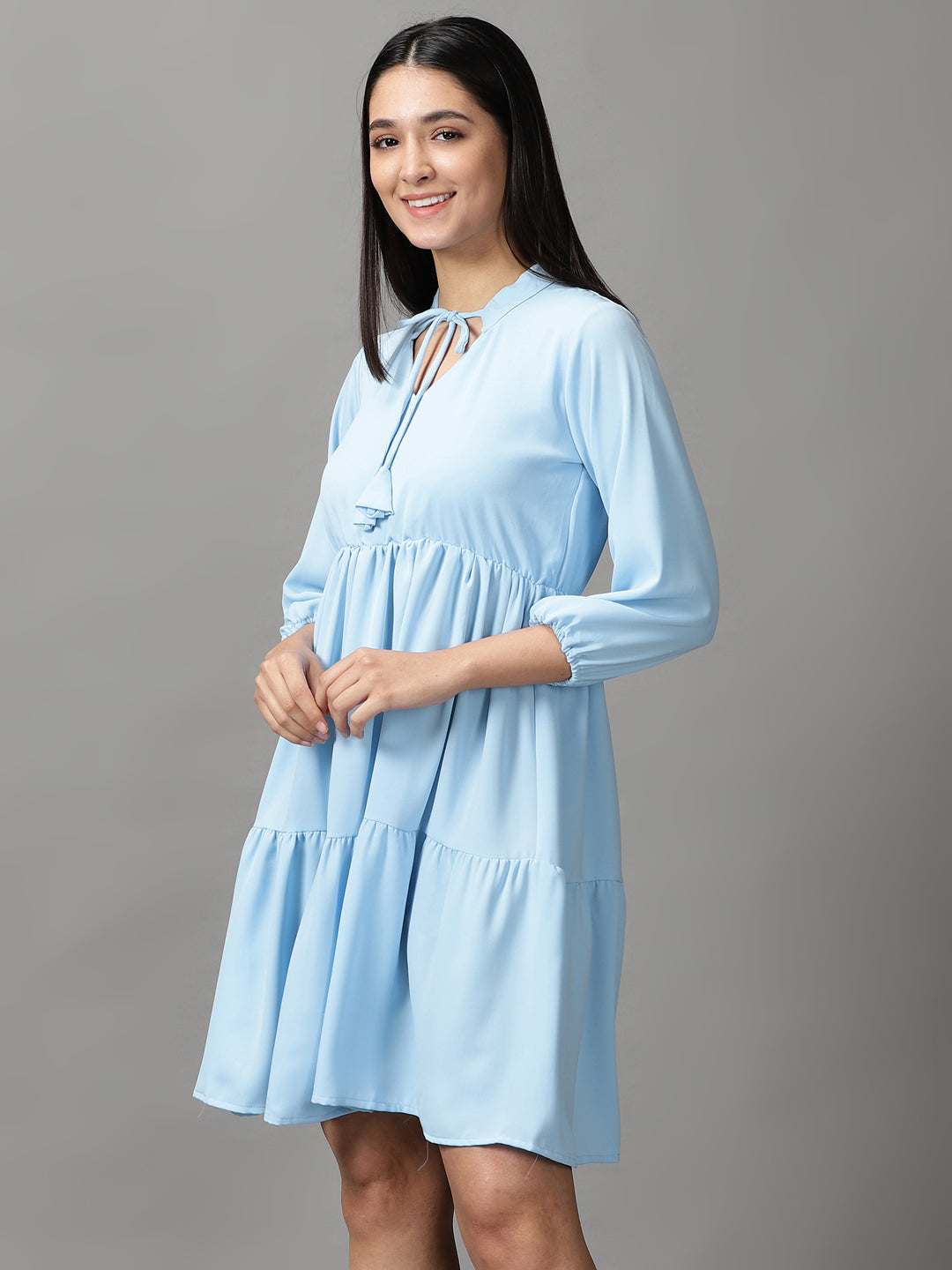 Women's Blue Solid Fit and Flare Dress