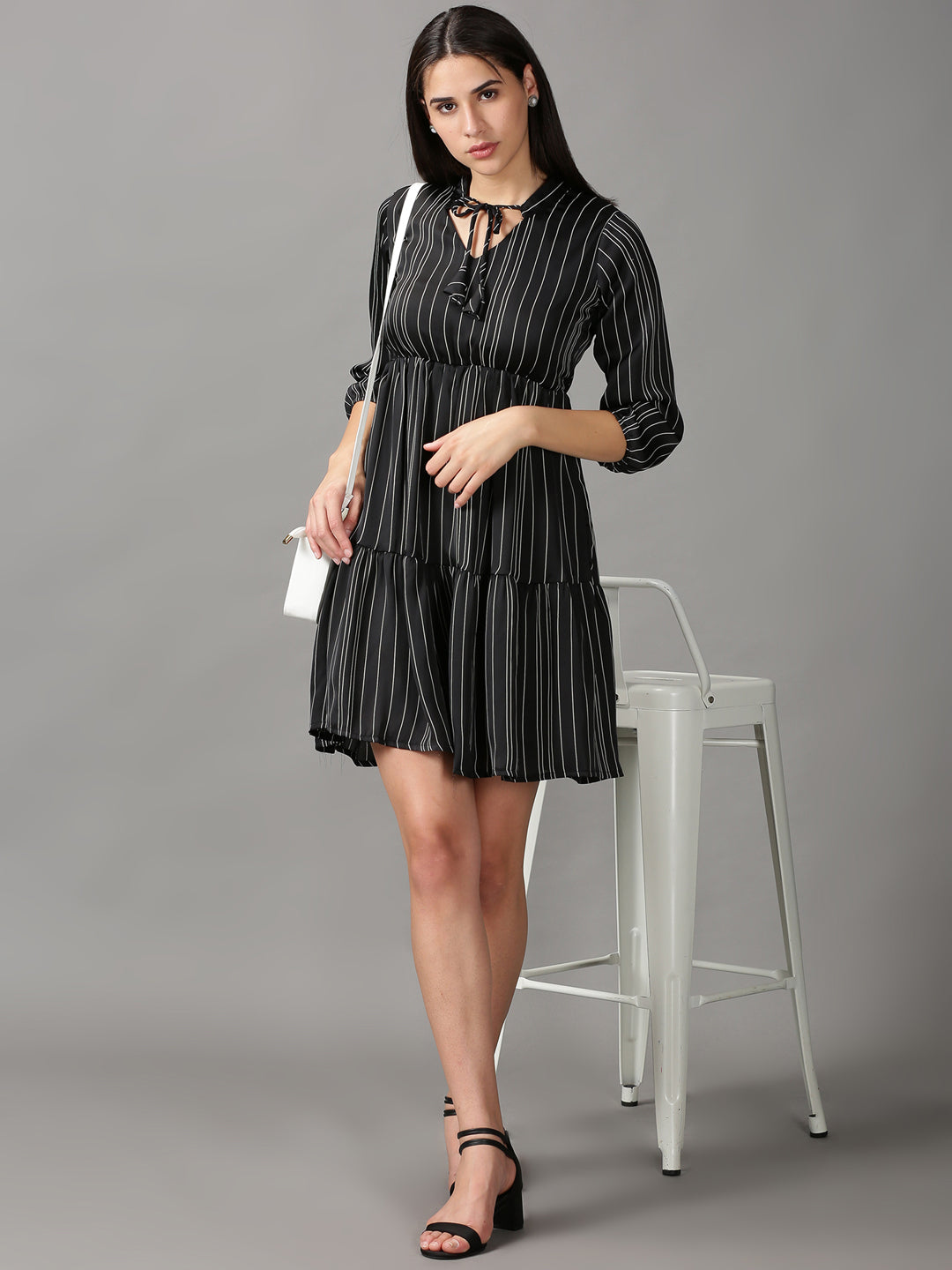 Women's Black Striped Fit and Flare Dress