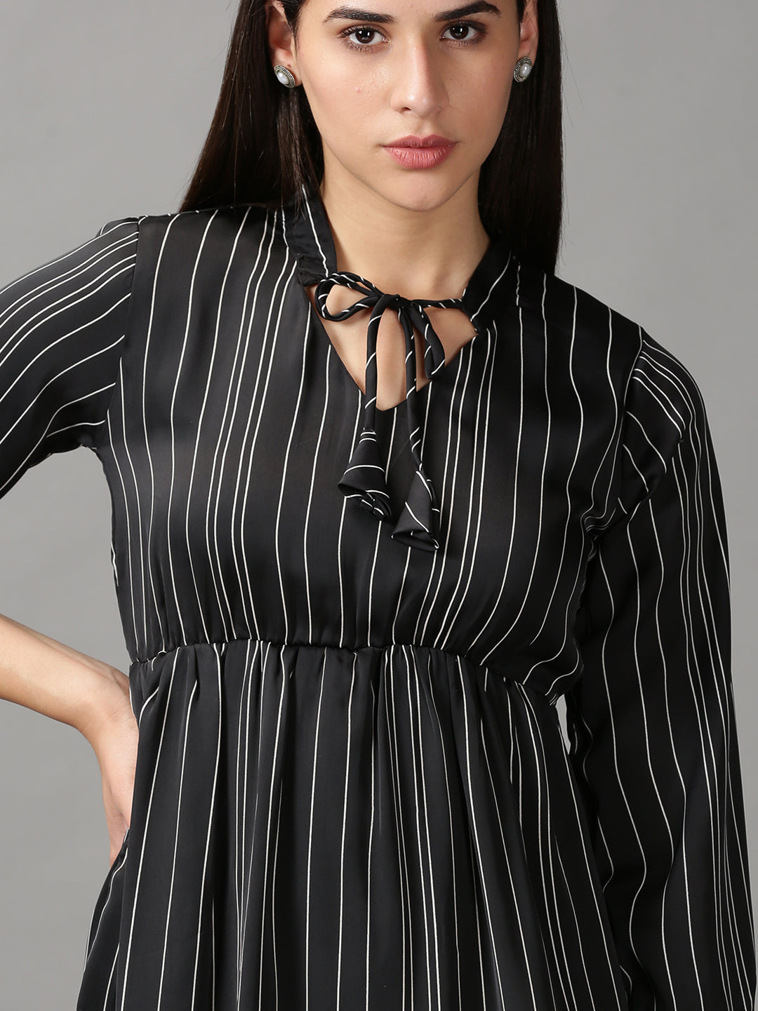 Women's Black Striped Fit and Flare Dress