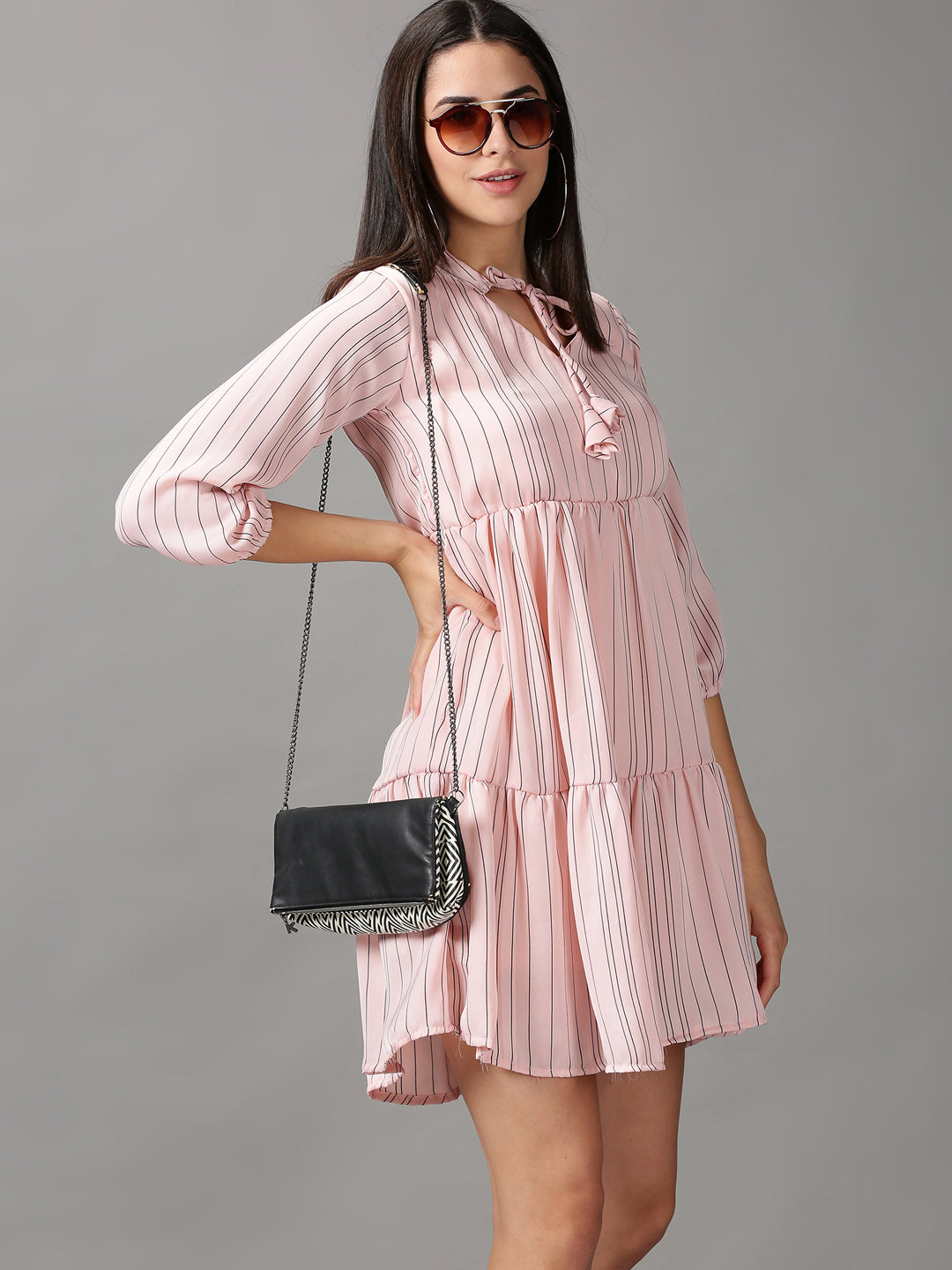 Women's Peach Striped Fit and Flare Dress