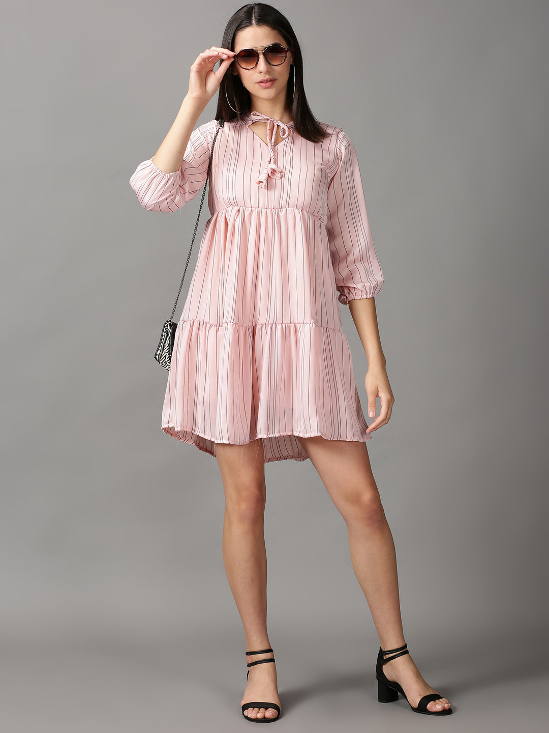 Women's Peach Striped Fit and Flare Dress