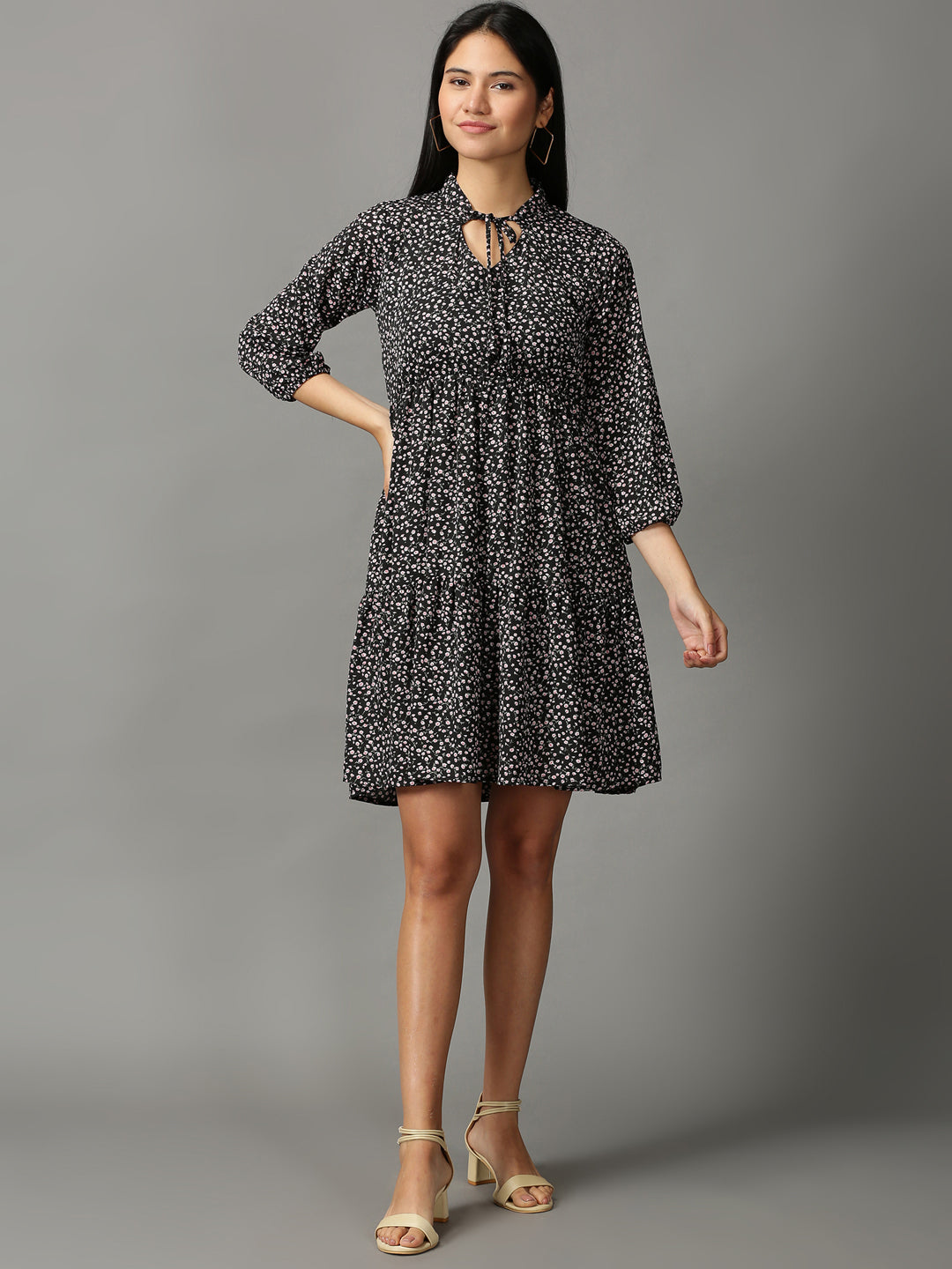 Women's Black Printed Fit and Flare Dress