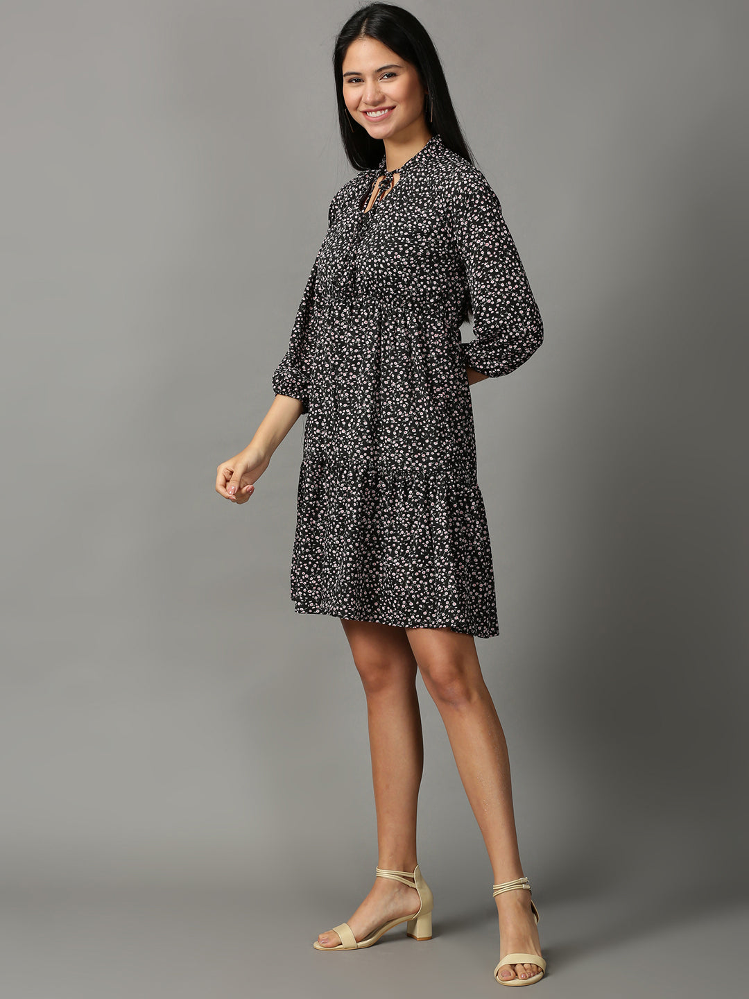 Women's Black Printed Fit and Flare Dress