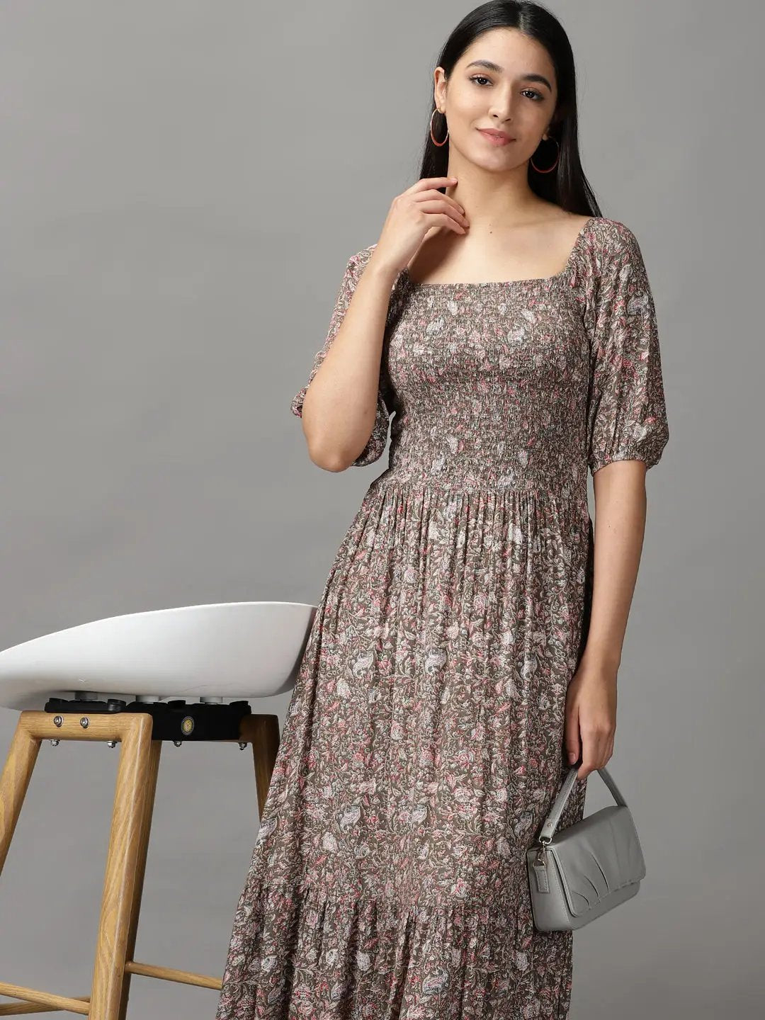 Women's Grey Floral Fit and Flare Dress
