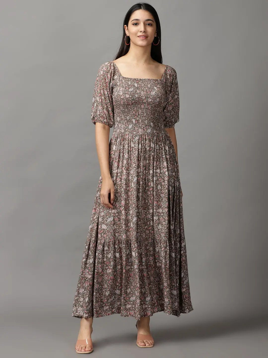 Women's Grey Floral Fit and Flare Dress