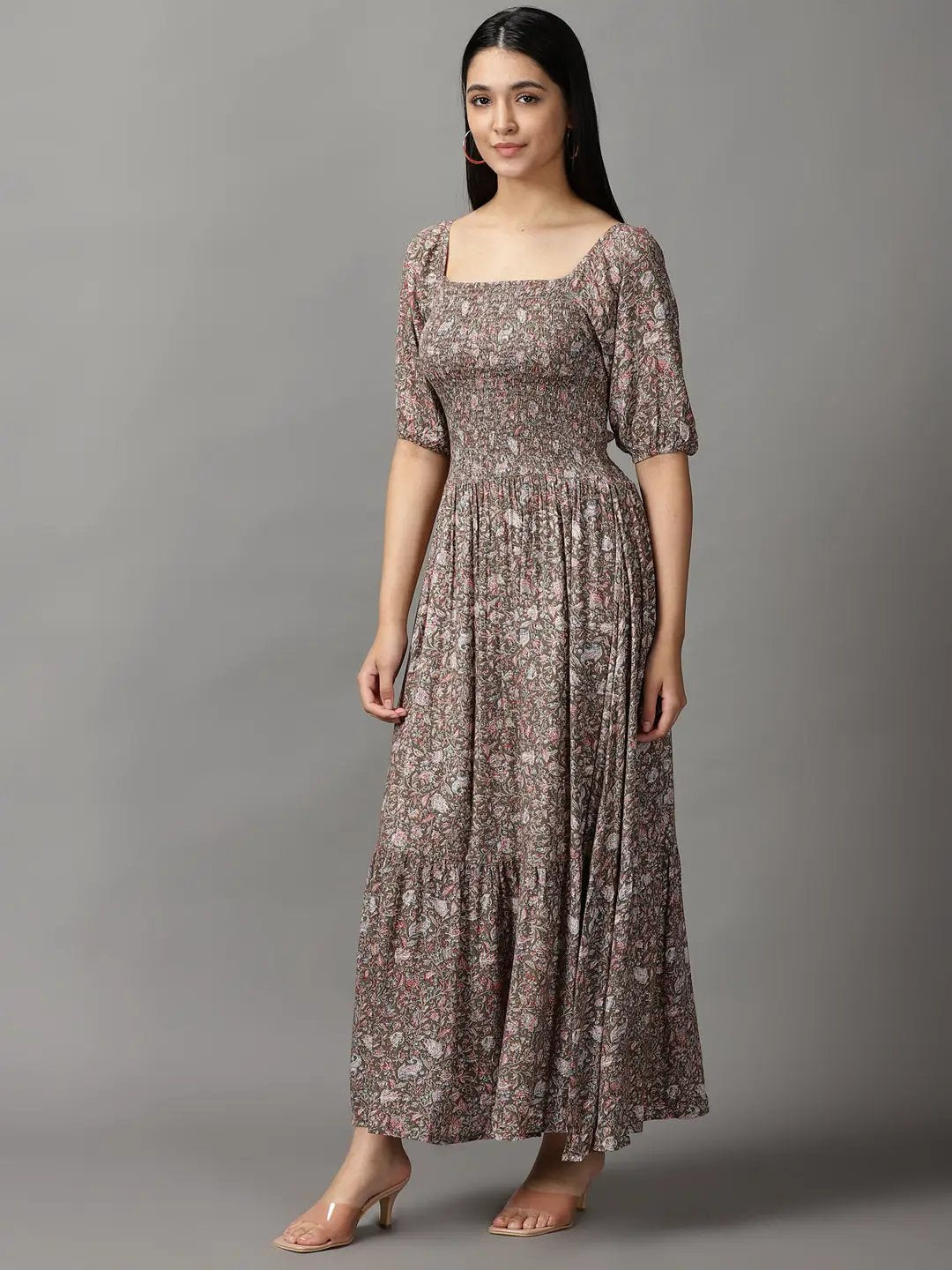 Women's Grey Floral Fit and Flare Dress
