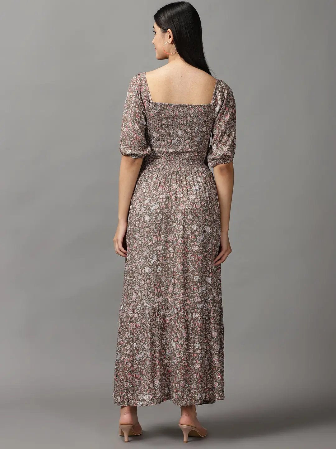 Women's Grey Floral Fit and Flare Dress