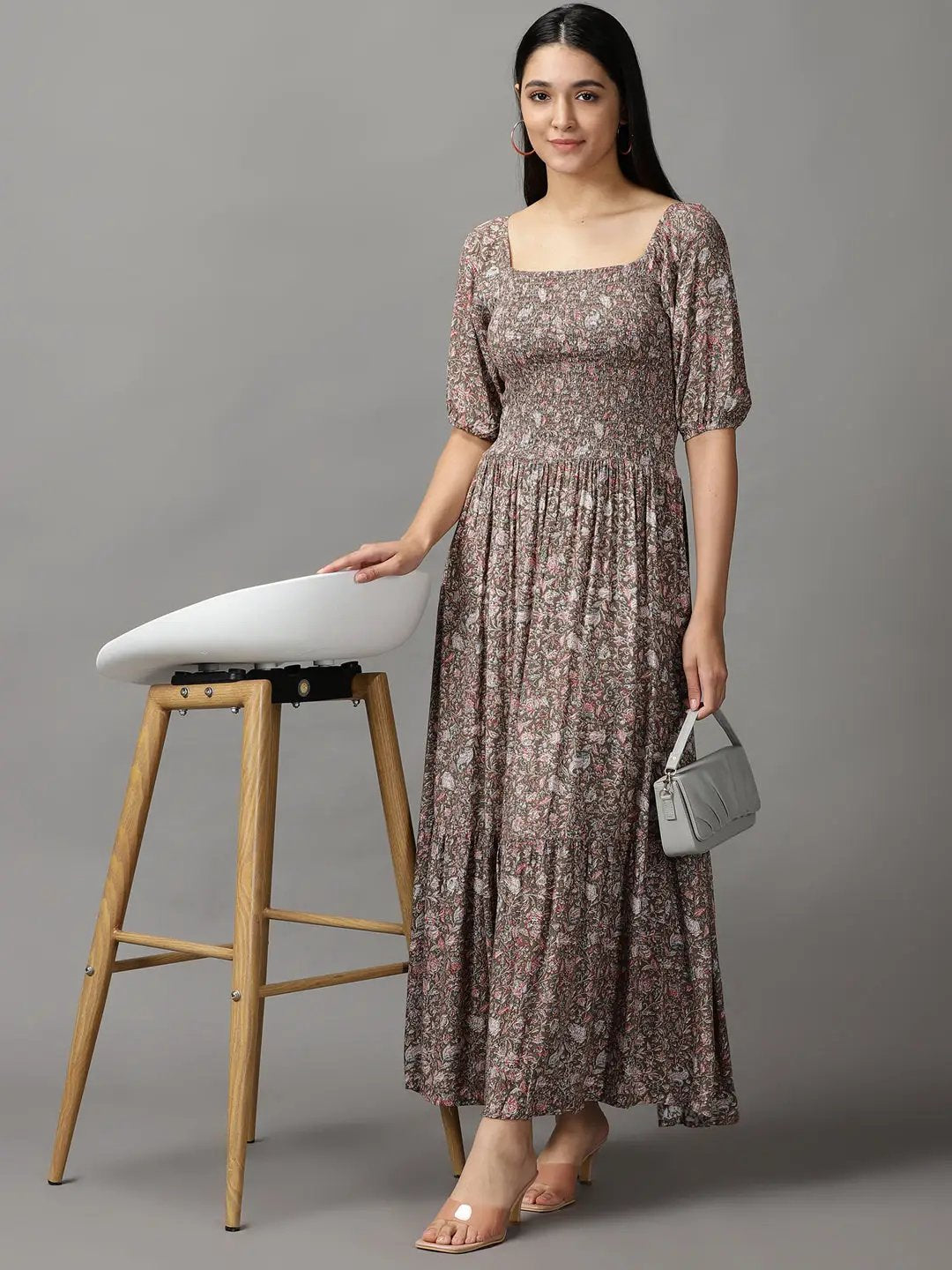 Women's Grey Floral Fit and Flare Dress