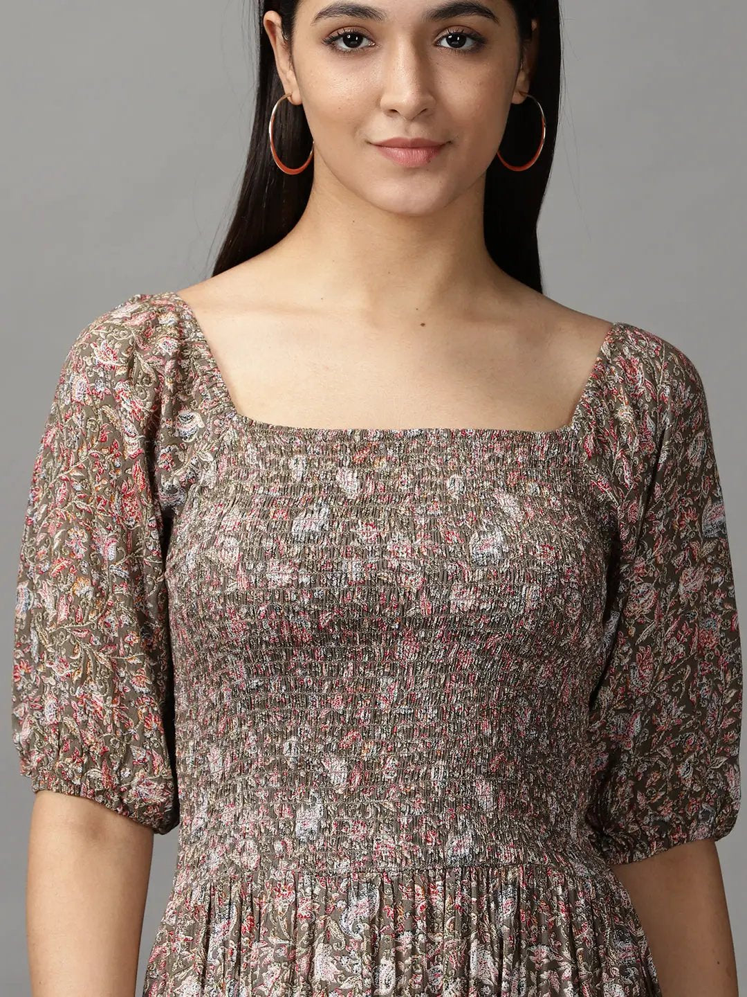 Women's Grey Floral Fit and Flare Dress