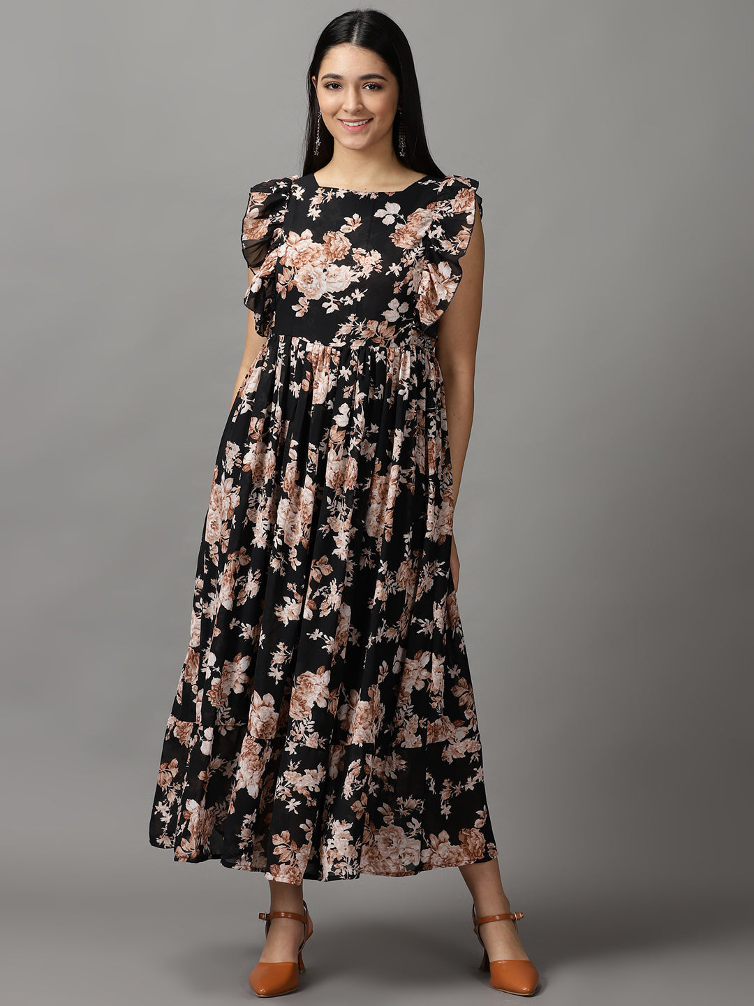 Women's Black Floral Fit and Flare Dress