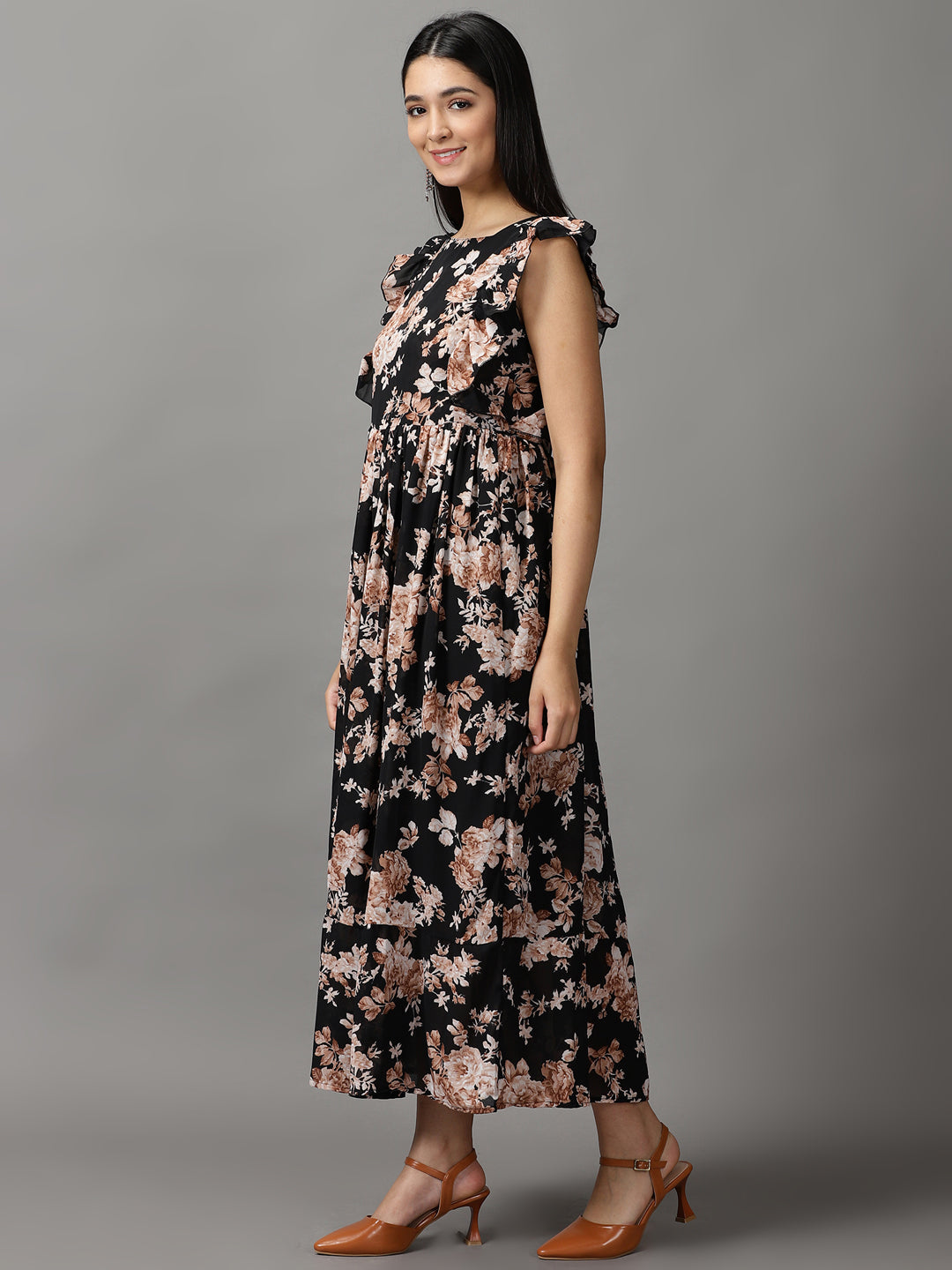 Women's Black Floral Fit and Flare Dress