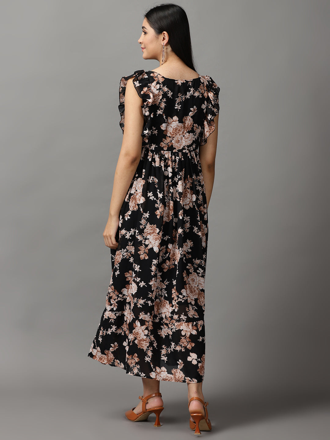 Women's Black Floral Fit and Flare Dress