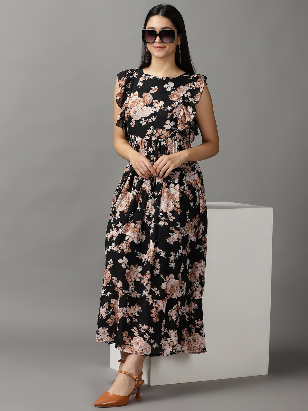 Women's Black Floral Fit and Flare Dress