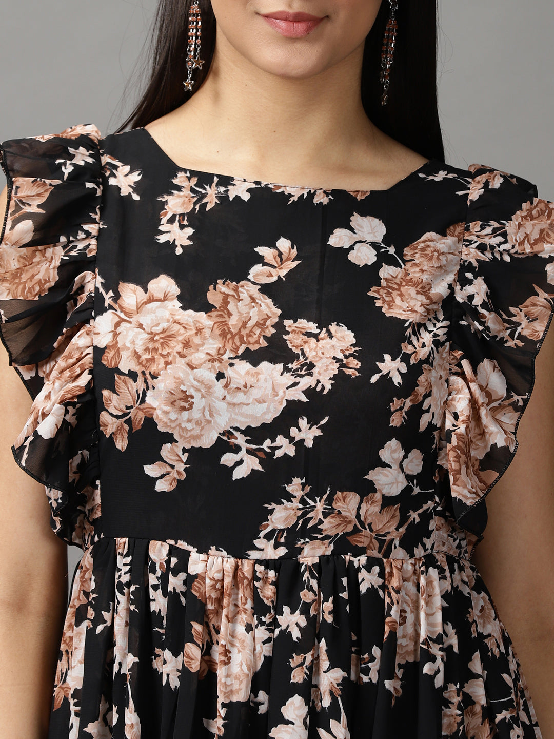 Women's Black Floral Fit and Flare Dress