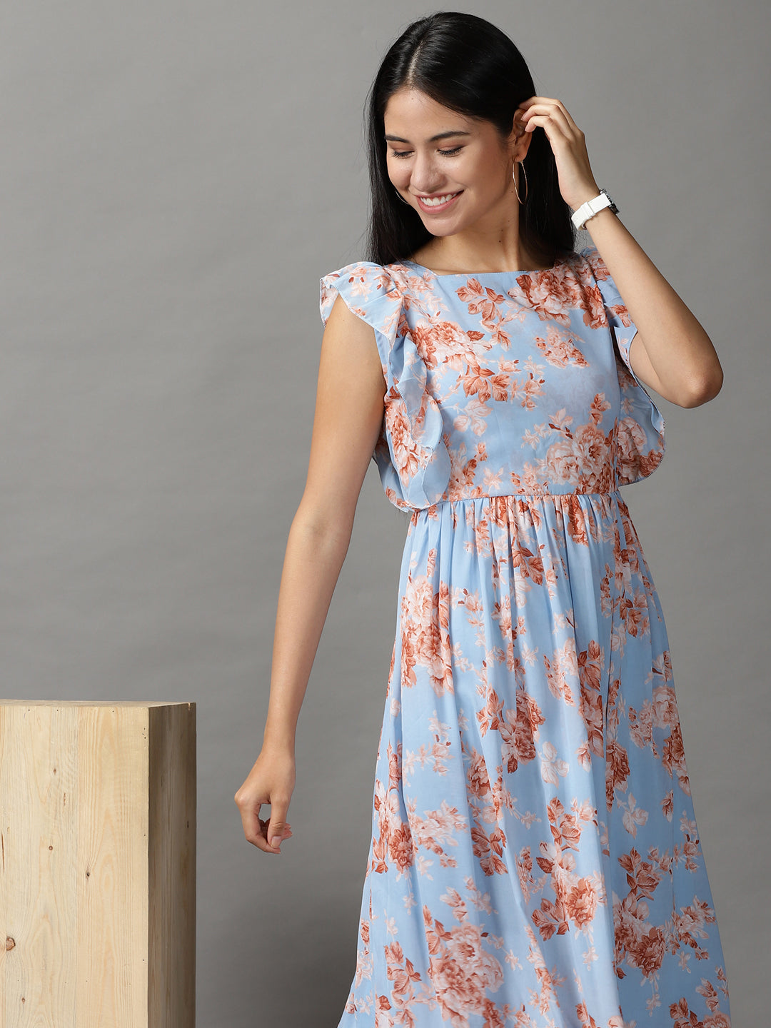 Women's Blue Floral Fit and Flare Dress