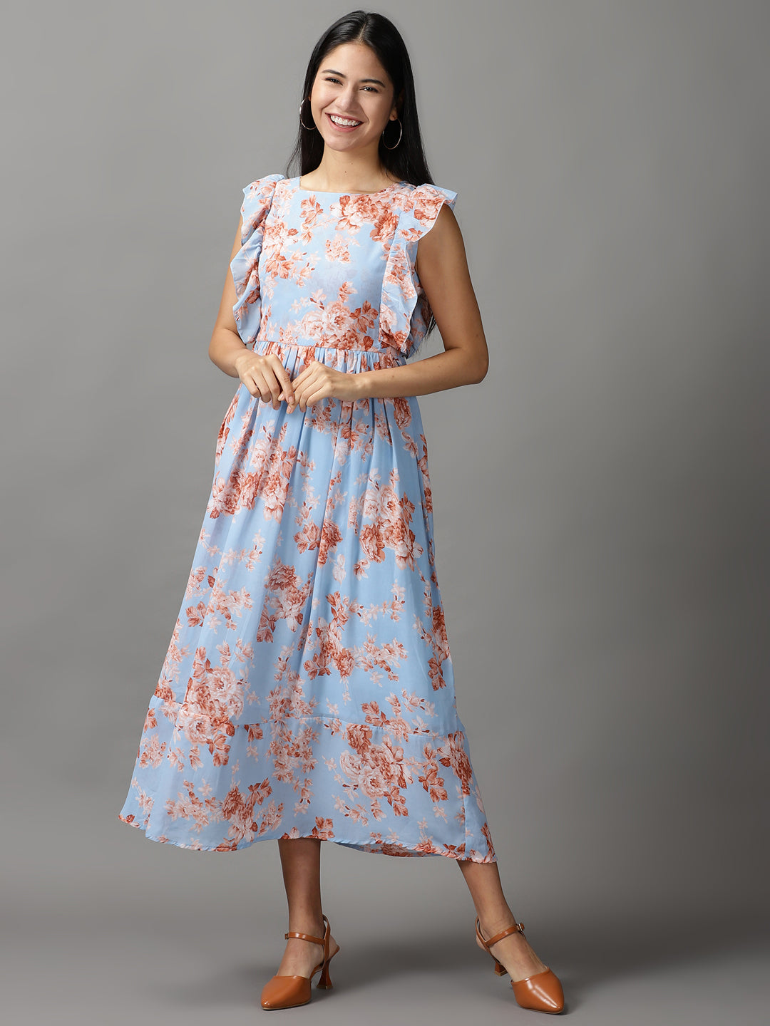 Women's Blue Floral Fit and Flare Dress