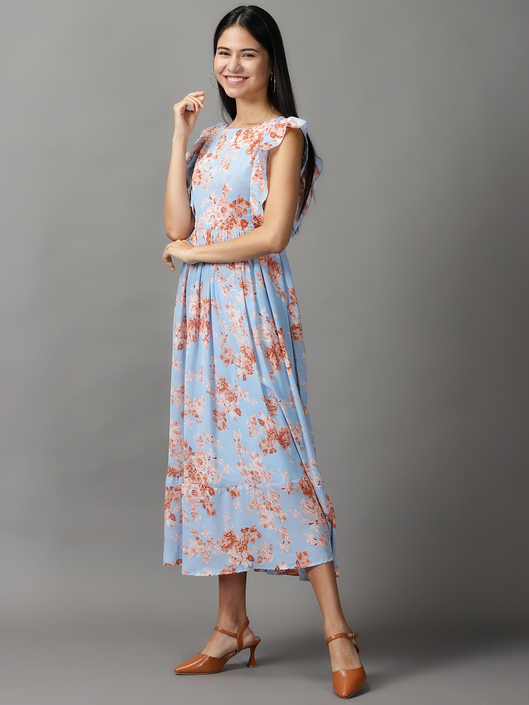 Women's Blue Floral Fit and Flare Dress