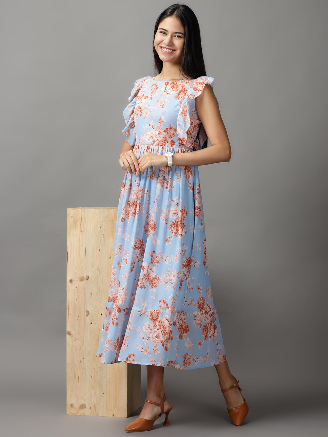 Women's Blue Floral Fit and Flare Dress