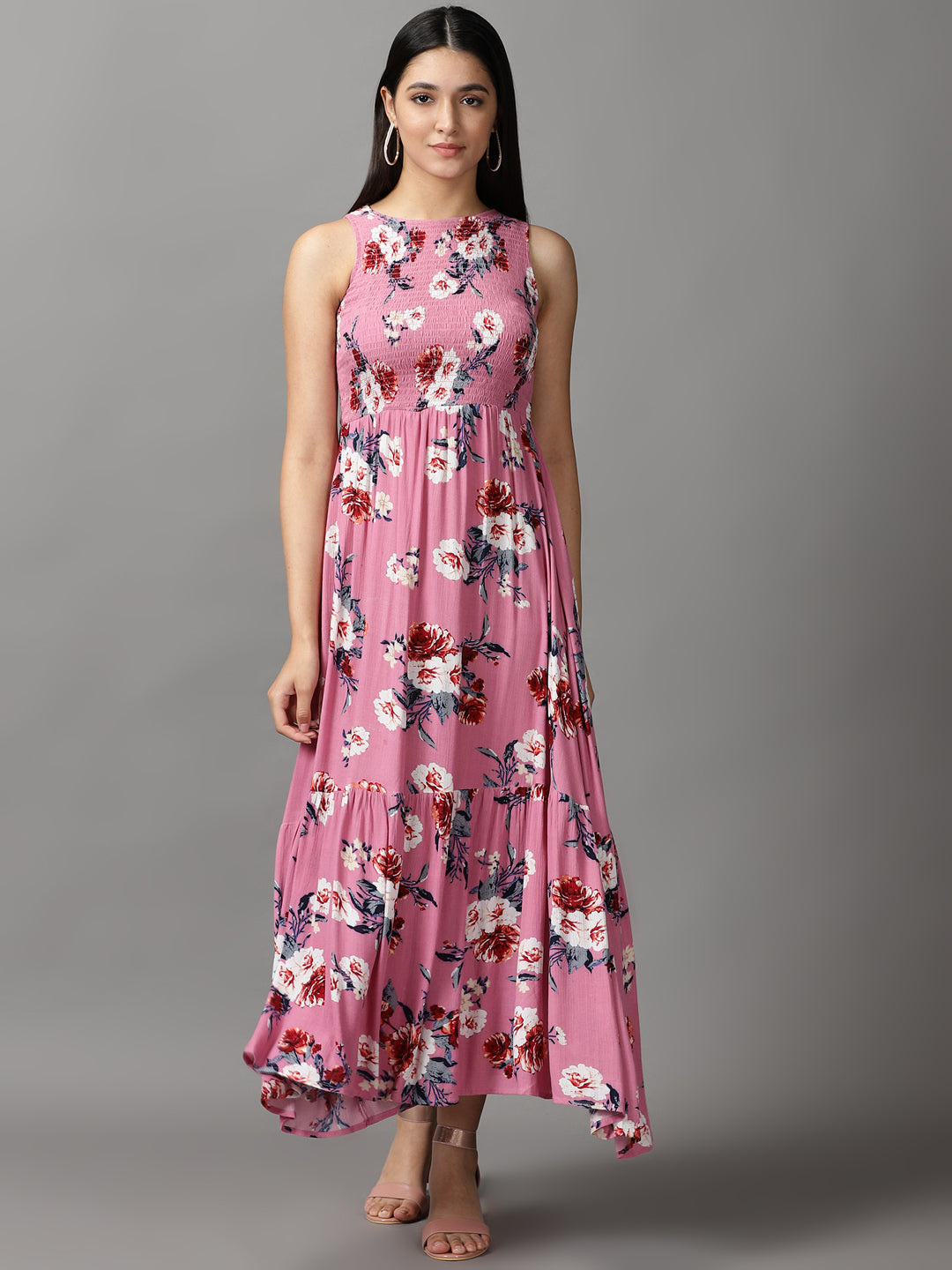 Women's Pink Floral Fit and Flare Dress