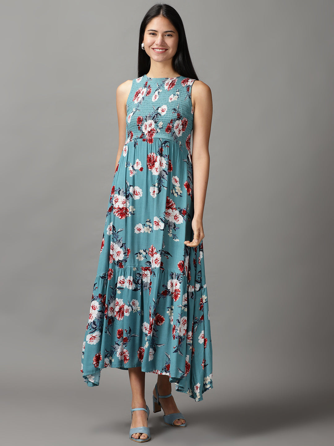 Women's Blue Floral Fit and Flare Dress