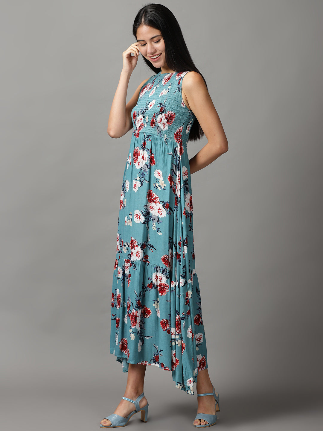 Women's Blue Floral Fit and Flare Dress