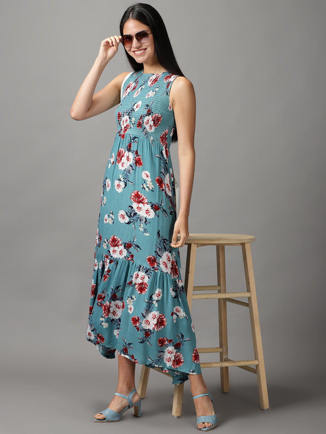 Women's Blue Floral Fit and Flare Dress