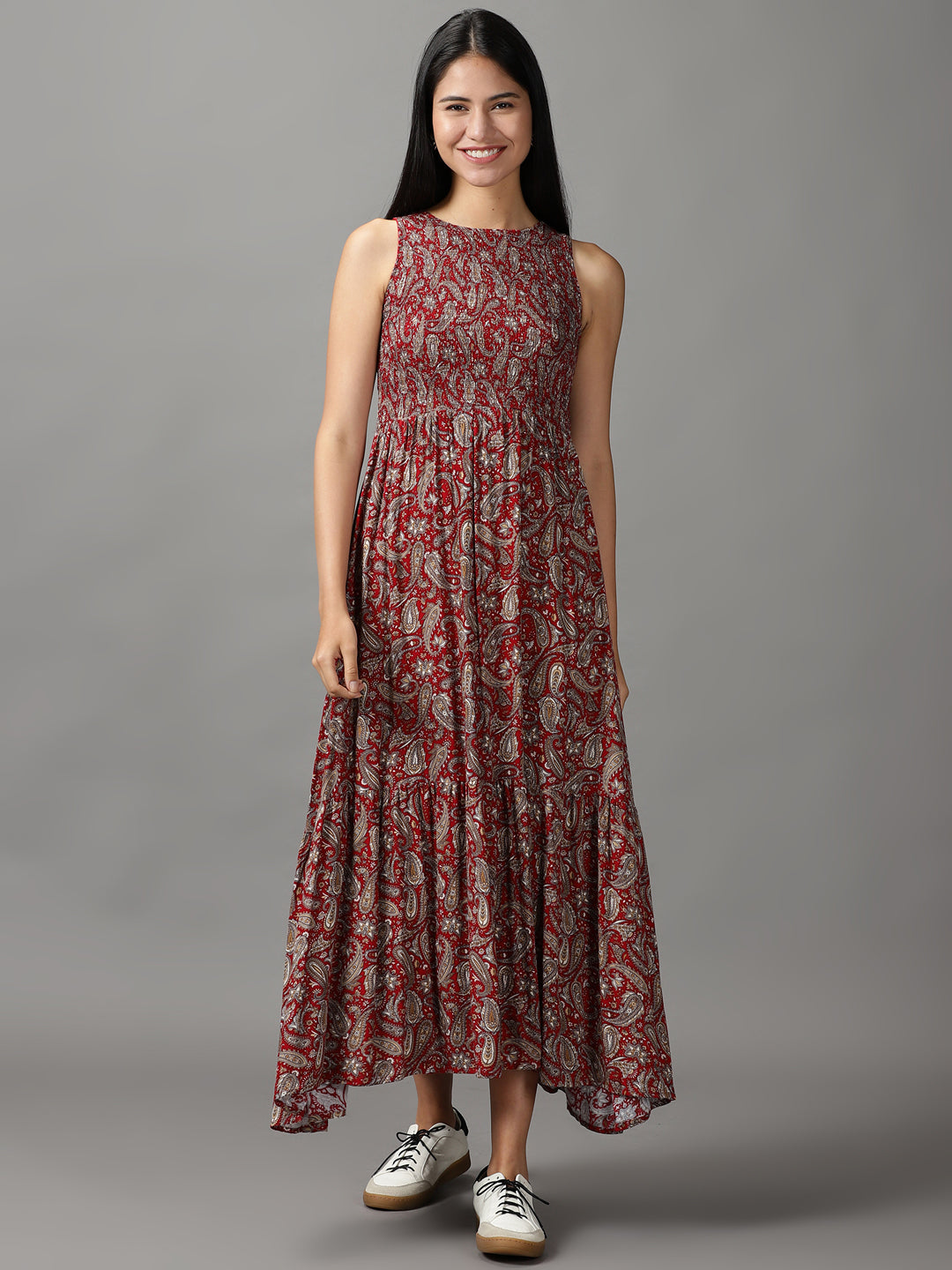 Women's Maroon Floral Fit and Flare Dress