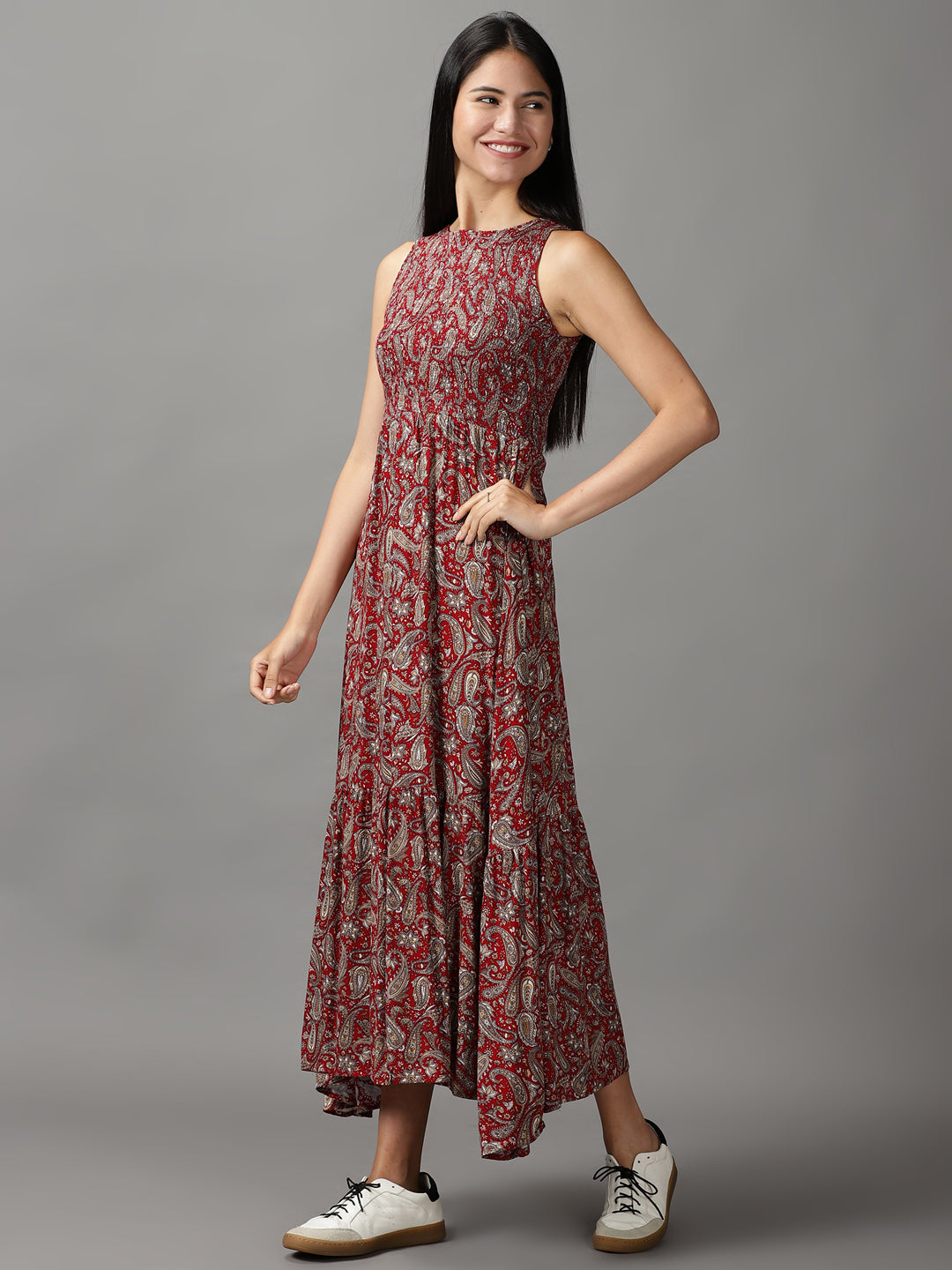 Women's Maroon Floral Fit and Flare Dress