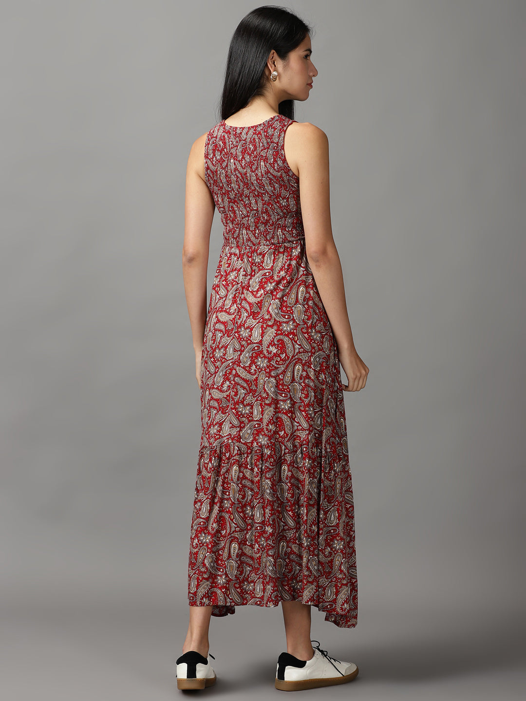 Women's Maroon Floral Fit and Flare Dress