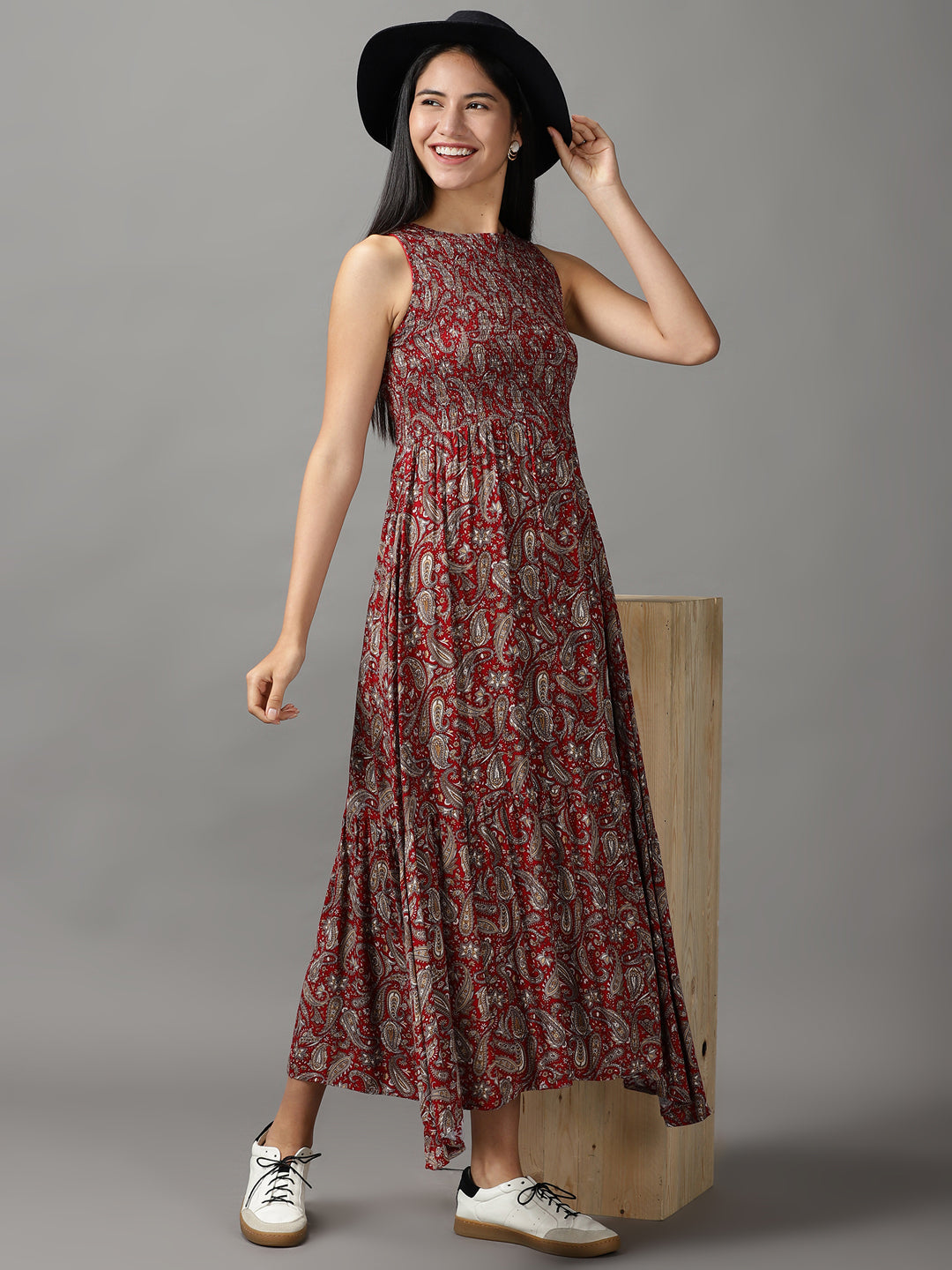 Women's Maroon Floral Fit and Flare Dress