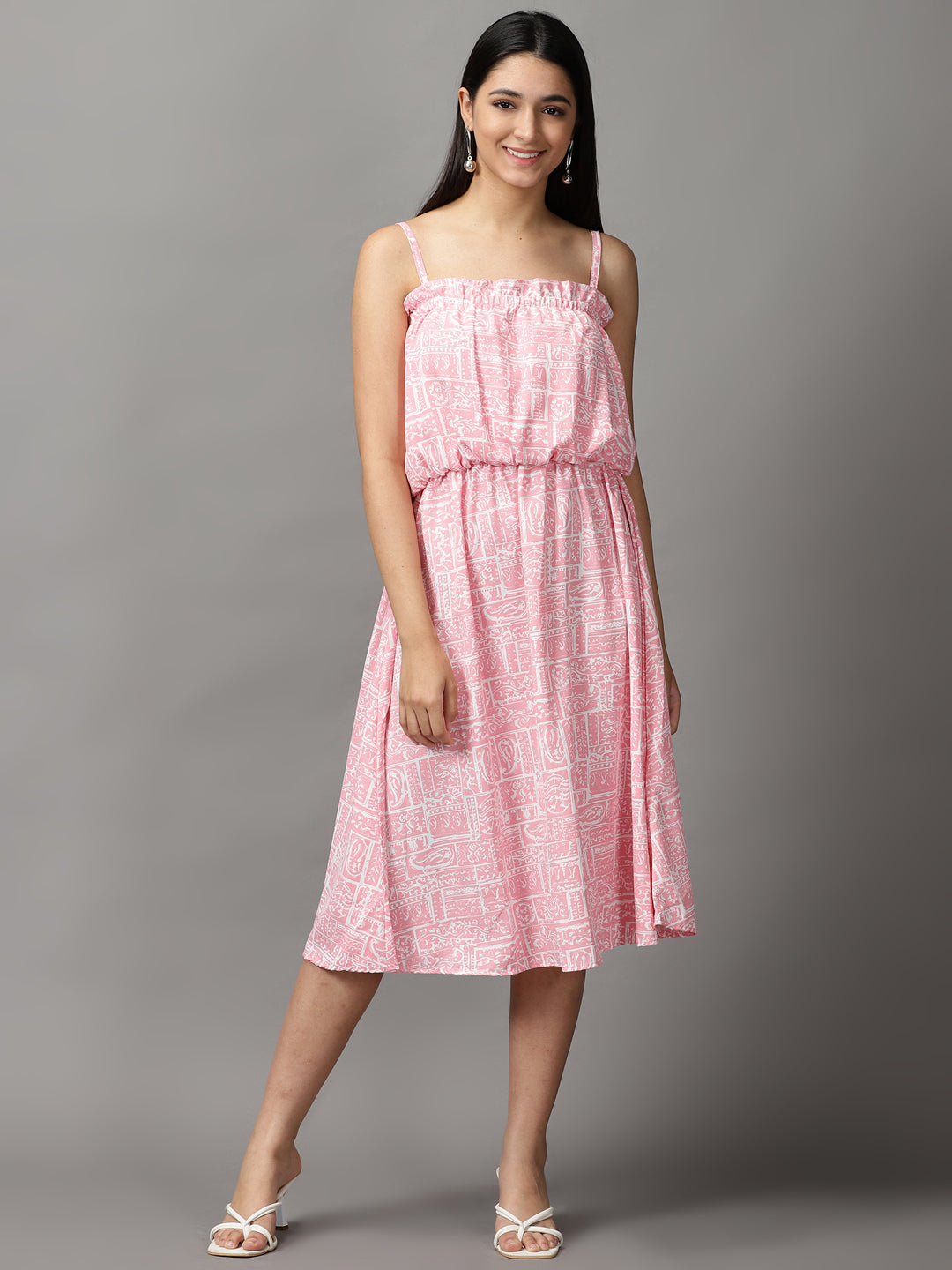 Women's Pink Printed Fit and Flare Dress