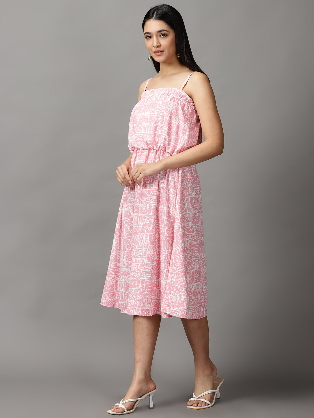 Women's Pink Printed Fit and Flare Dress