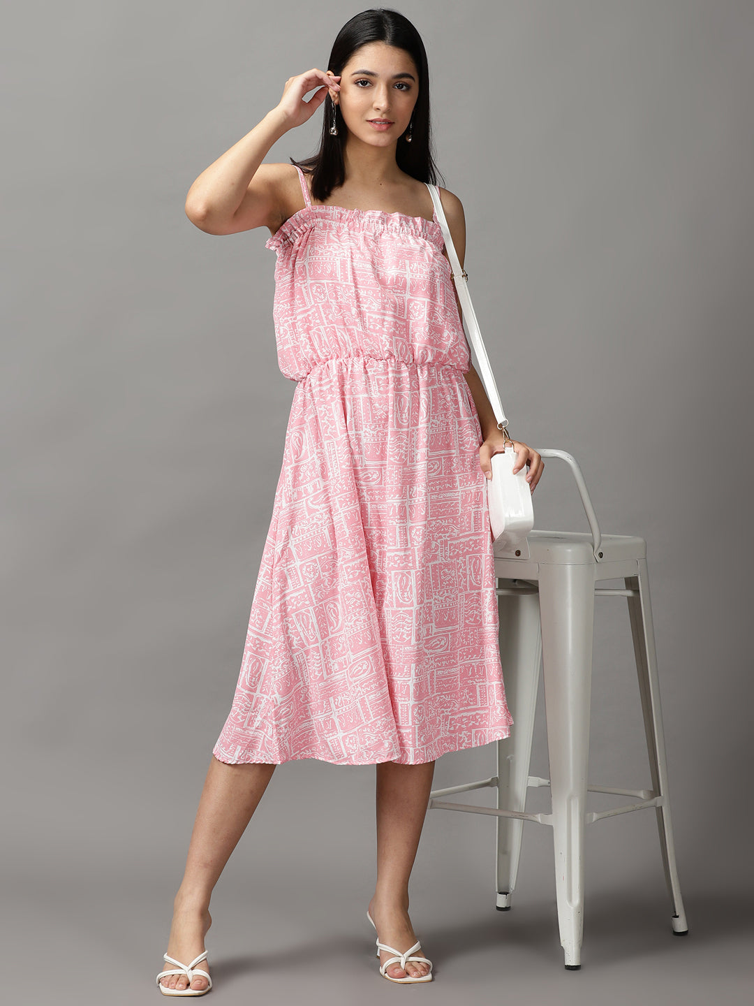 Women's Pink Printed Fit and Flare Dress