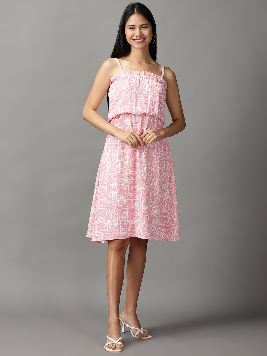 Women's Pink Printed Fit and Flare Dress