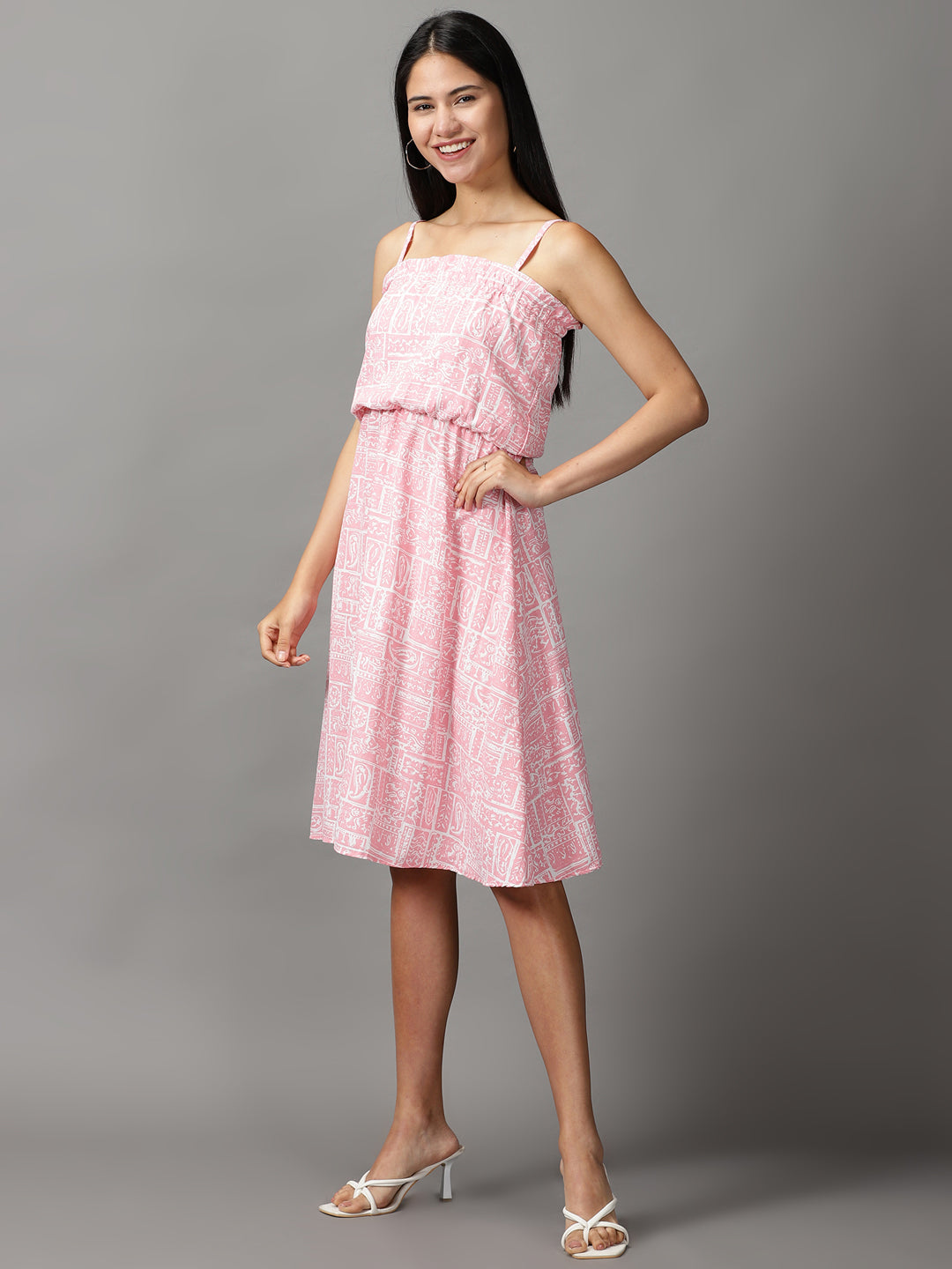 Women's Pink Printed Fit and Flare Dress