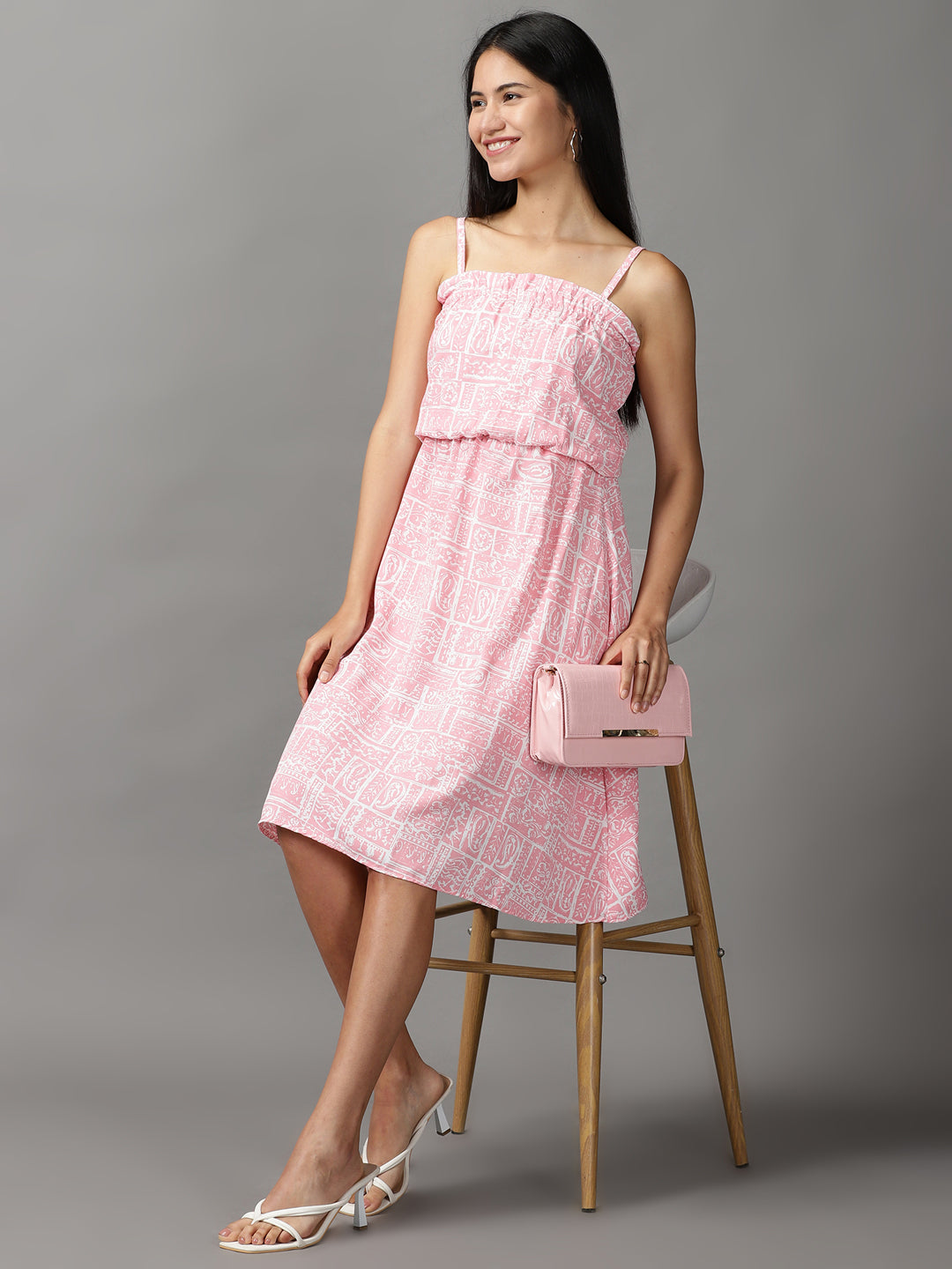 Women's Pink Printed Fit and Flare Dress