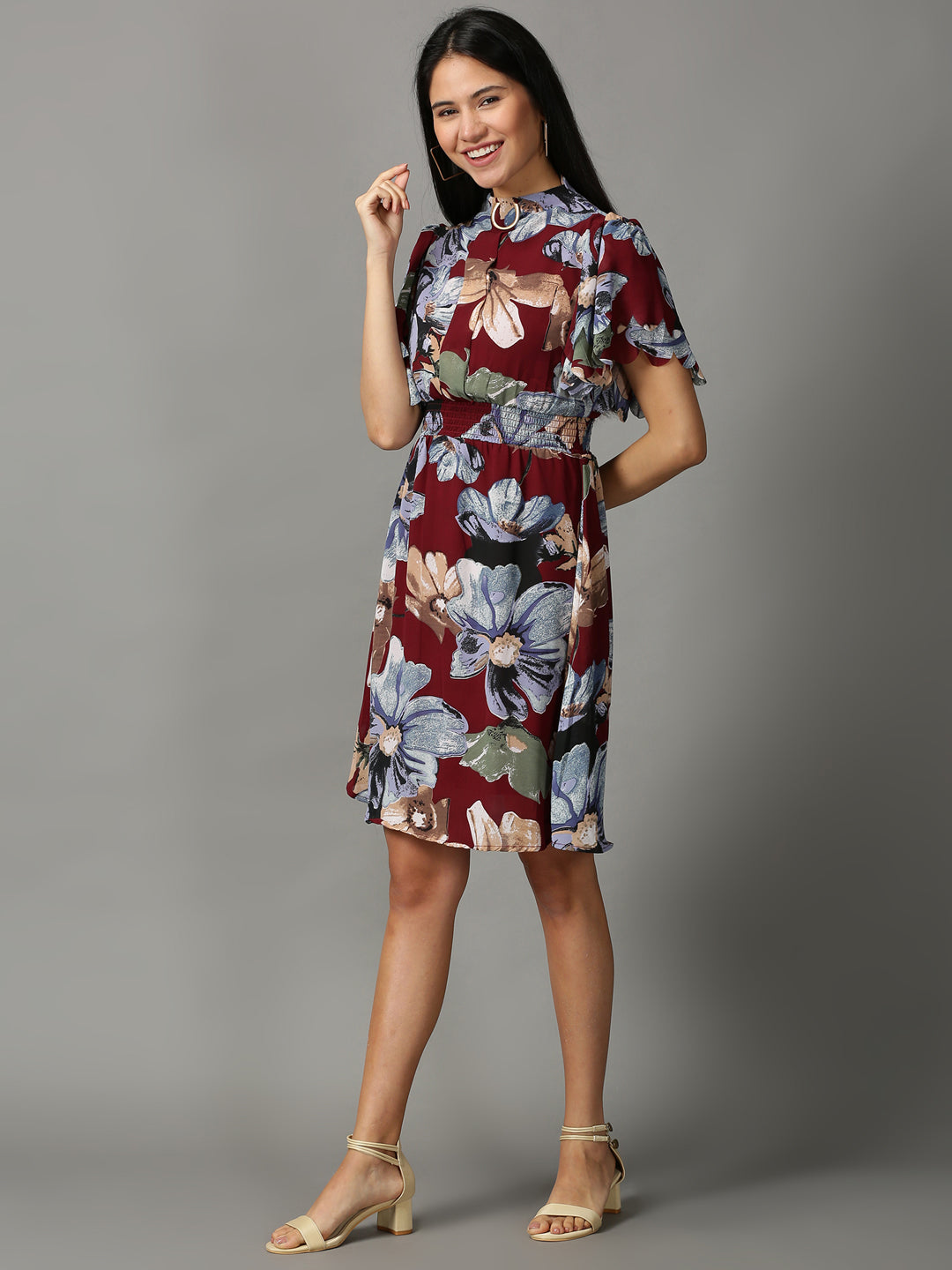 Women's Maroon Printed Fit and Flare Dress