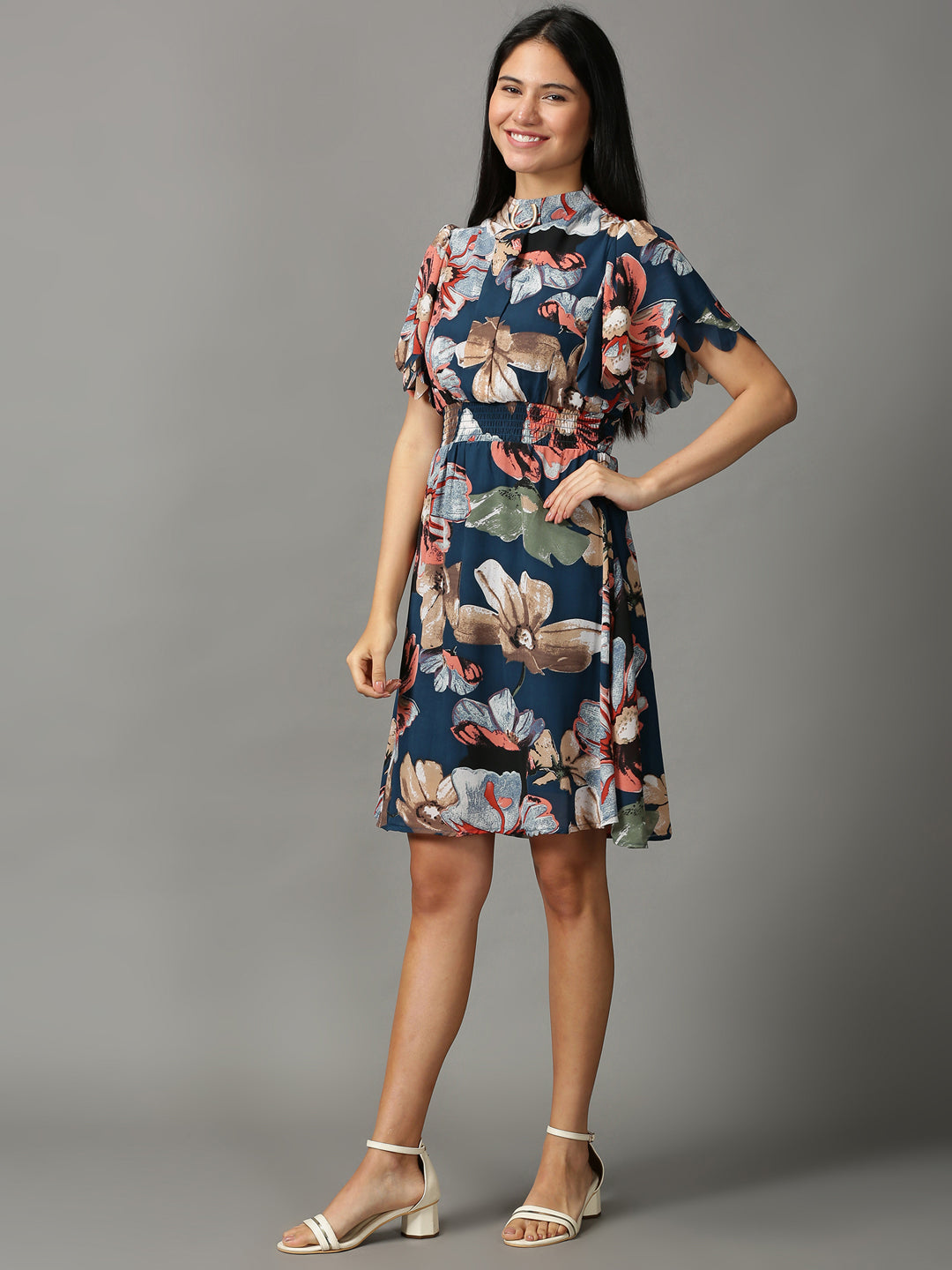 Women's Teal Printed Fit and Flare Dress