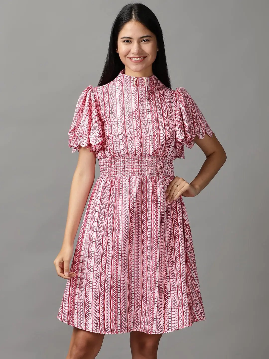 Shop Women's Red High Neck Fit & Flare Dress| Showoffff Shop Women's Red High Neck Fit & Flare Dress| Showoffff