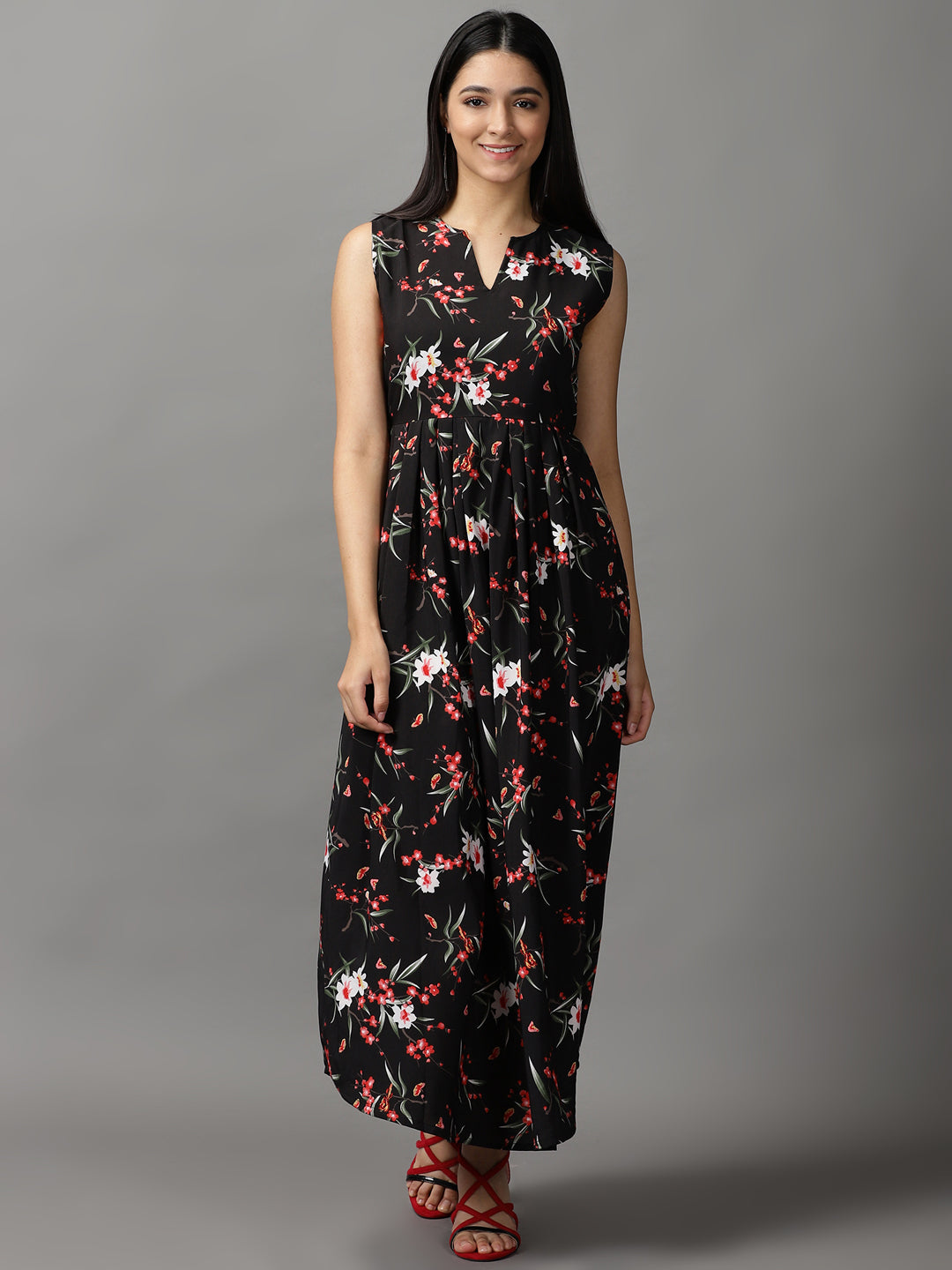 Women's Black Floral Fit and Flare Dress