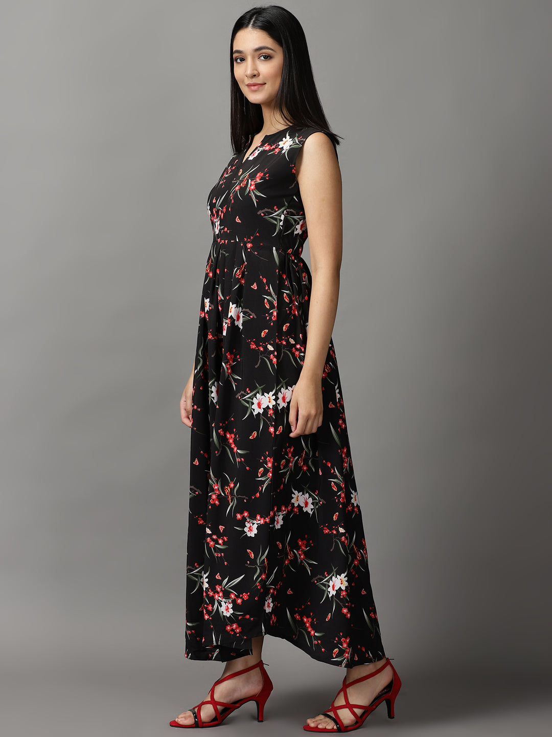 Women's Black Floral Fit and Flare Dress