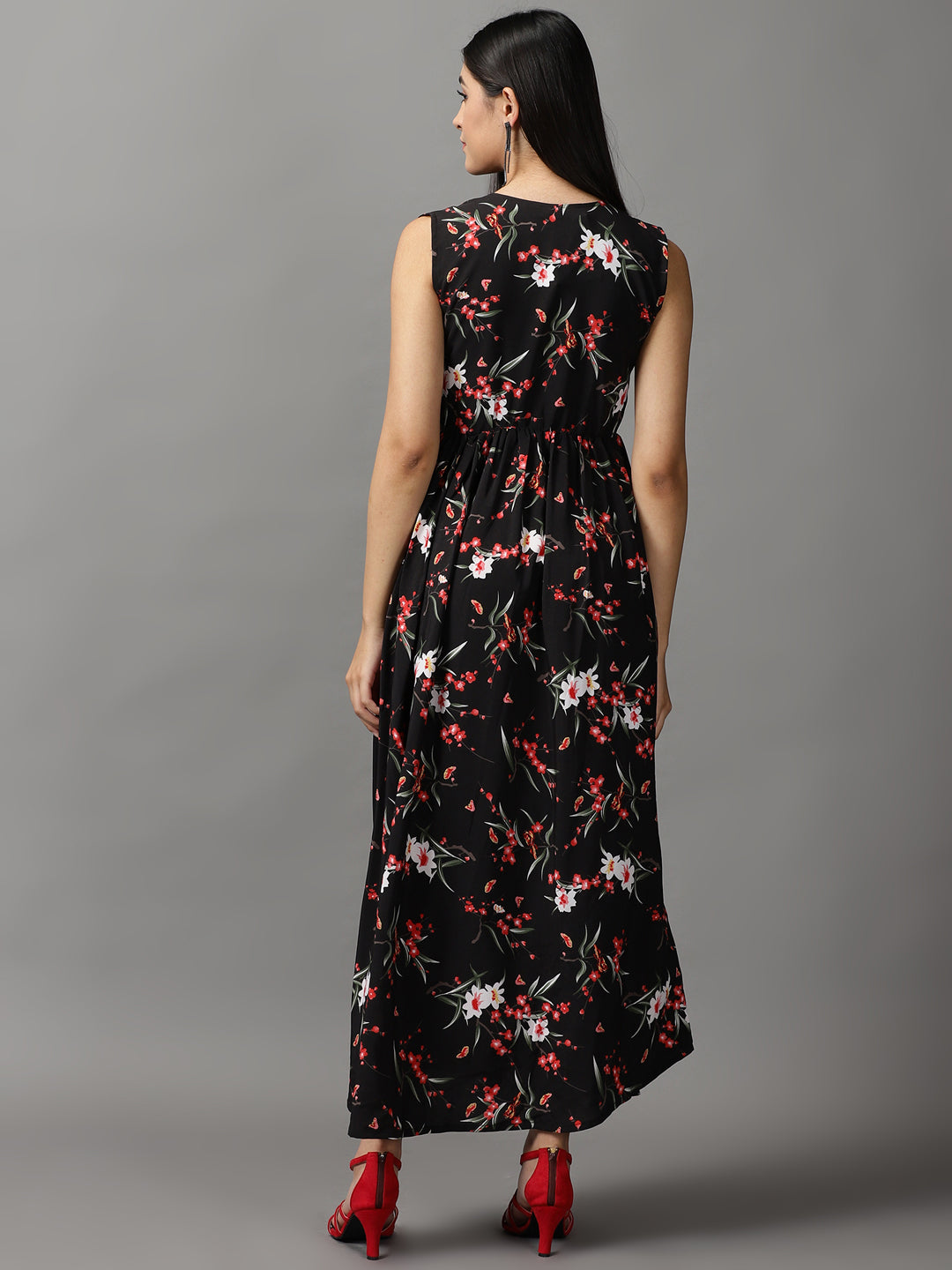 Women's Black Floral Fit and Flare Dress