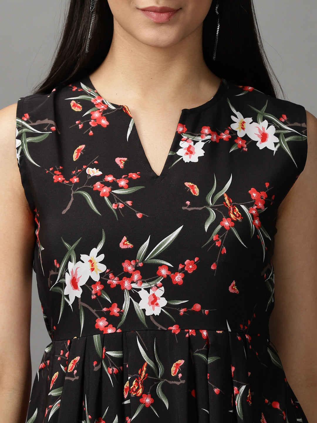 Women's Black Floral Fit and Flare Dress