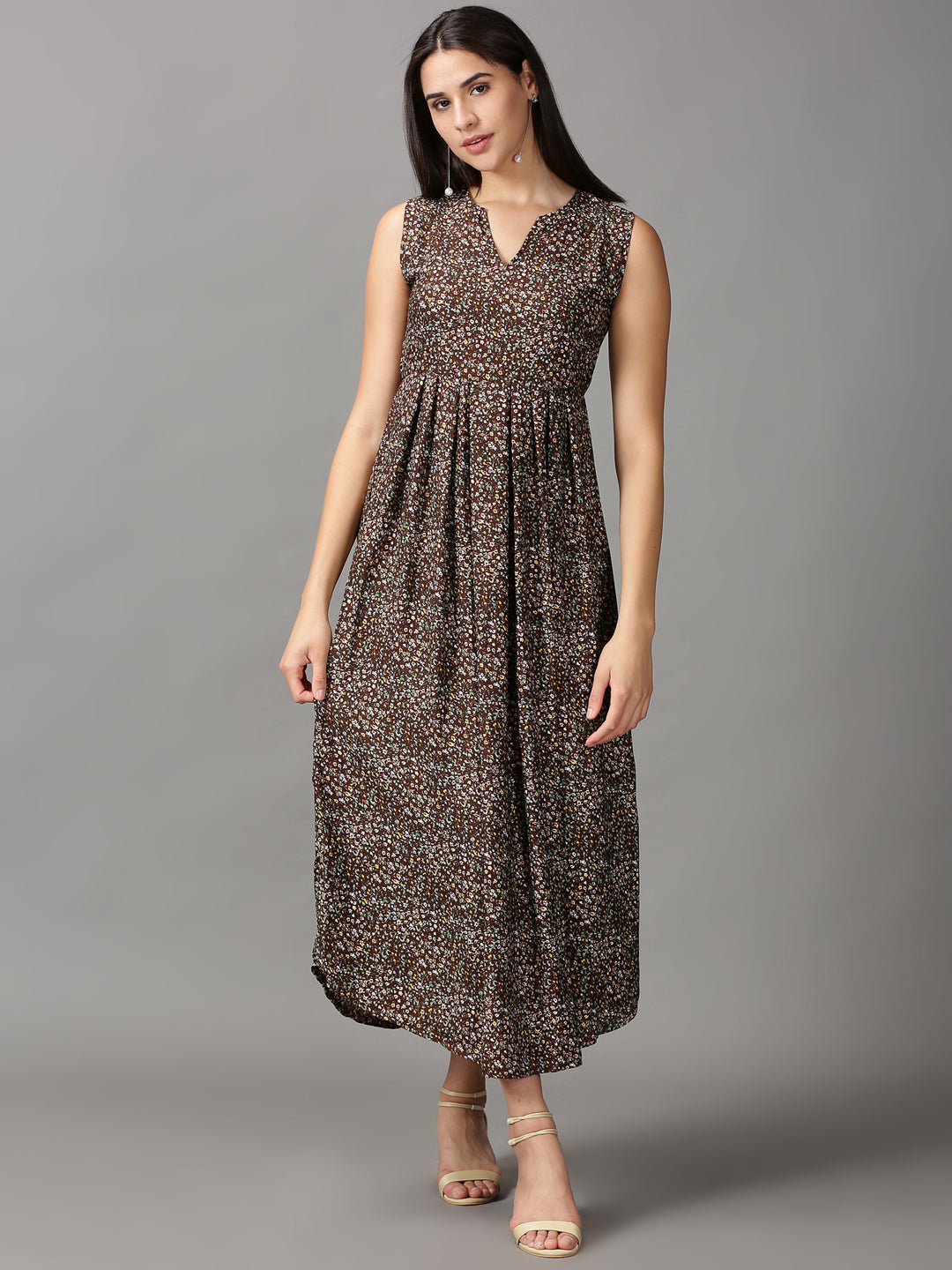 Women's Brown Floral Fit and Flare Dress