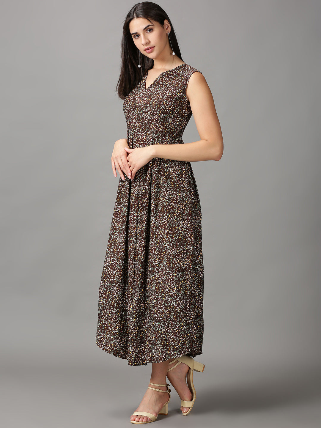 Women's Brown Floral Fit and Flare Dress