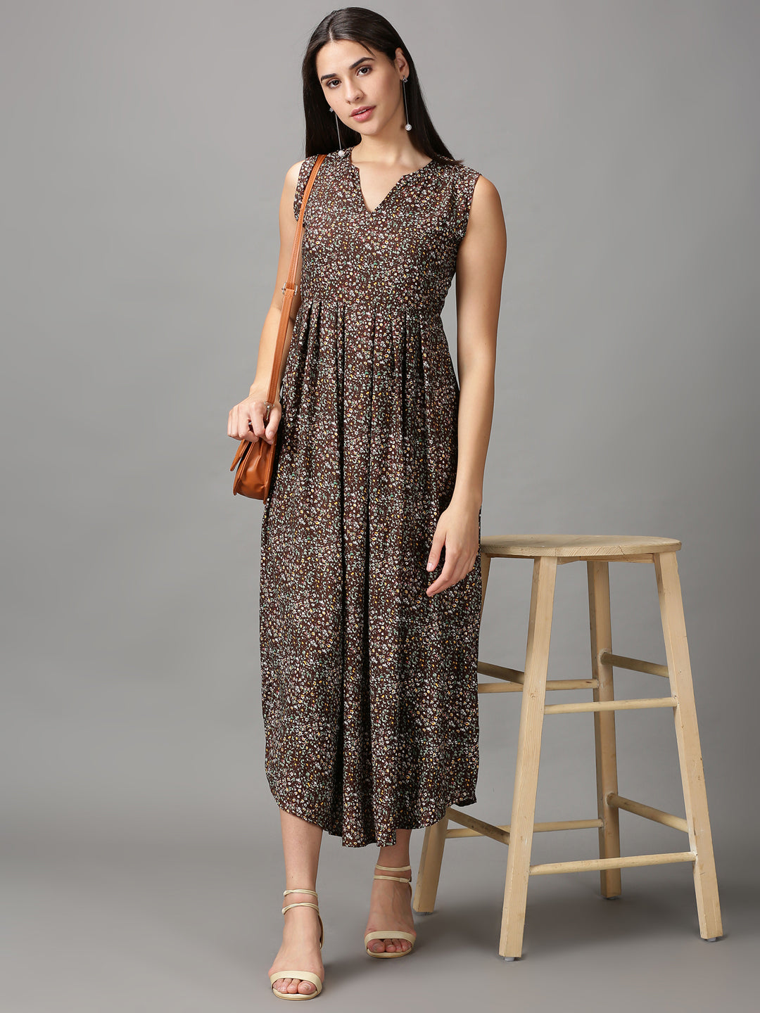 Women's Brown Floral Fit and Flare Dress