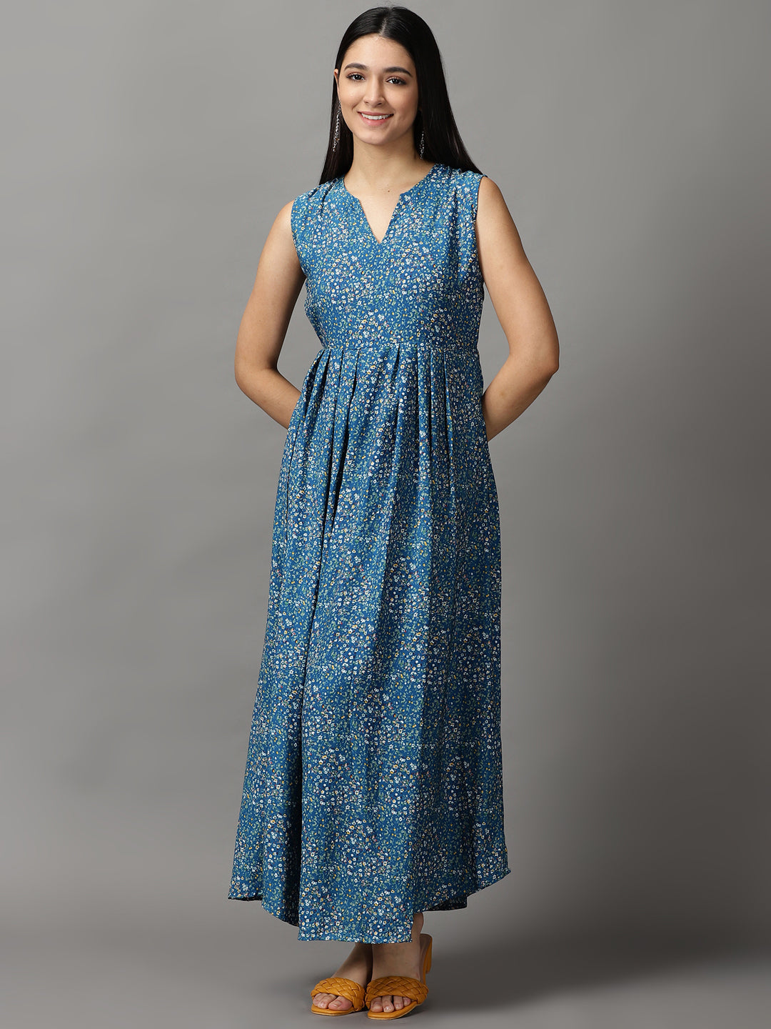 Women's Blue Floral Fit and Flare Dress