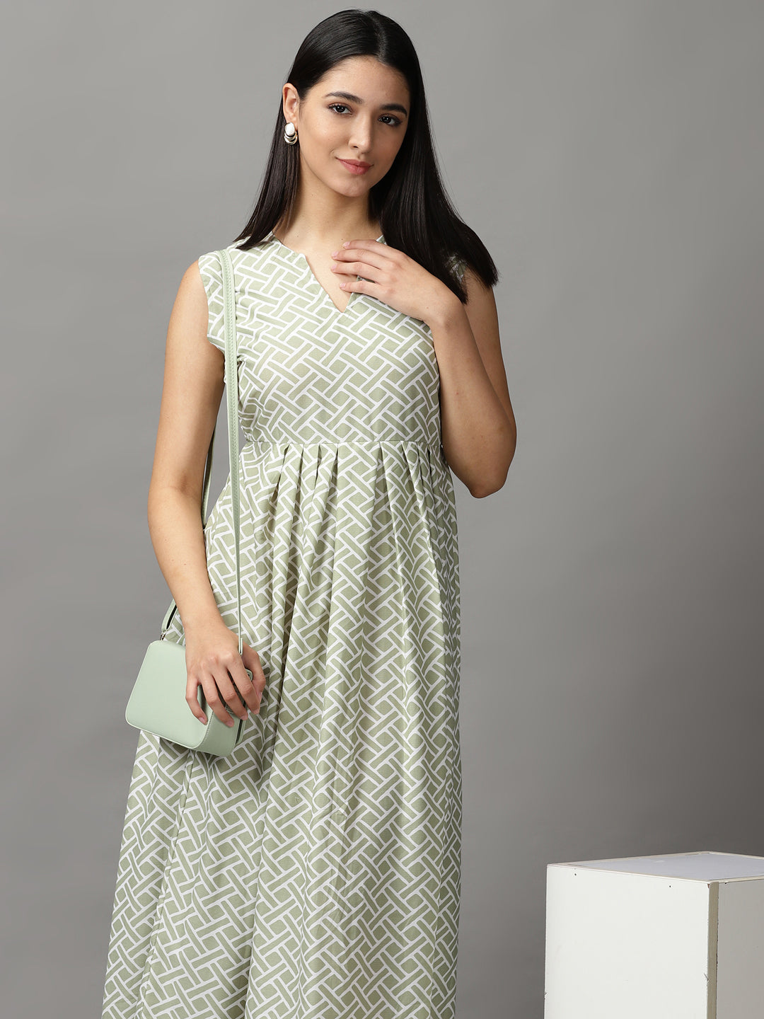 Women's Sea Green Geometrical Fit and Flare Dress