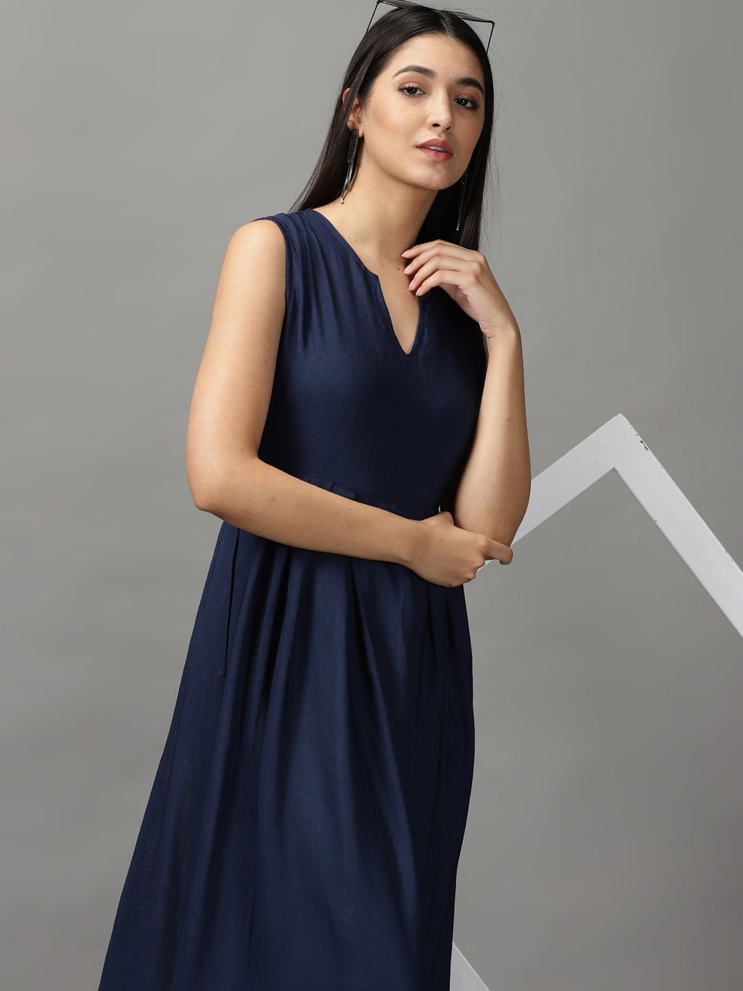 Women's Navy Blue Solid Fit and Flare Dress