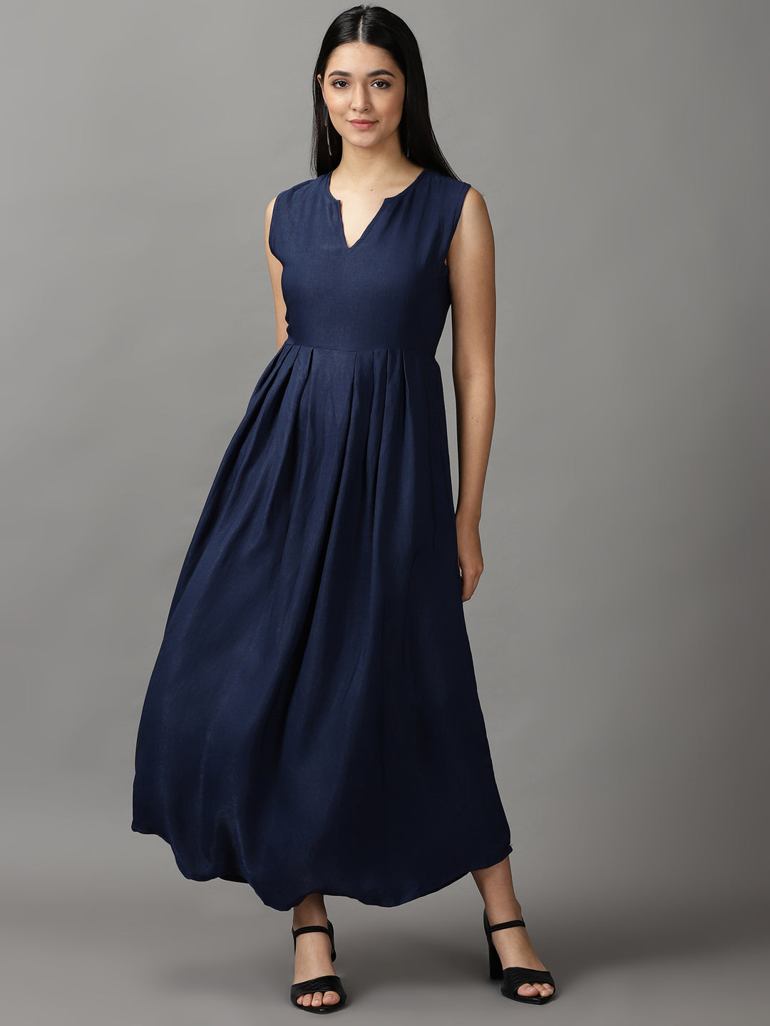 Women's Navy Blue Solid Fit and Flare Dress